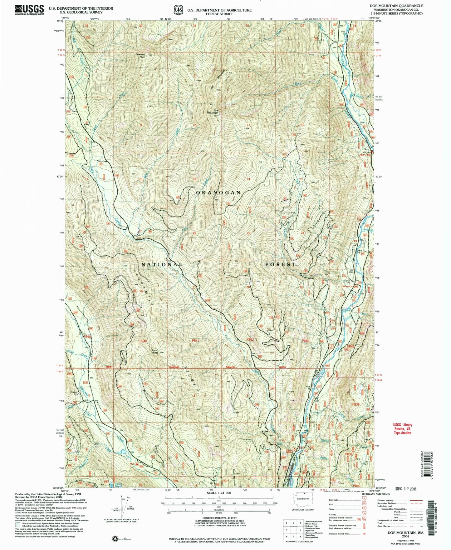 Classic USGS Doe Mountain Washington 7.5'x7.5' Topo Map Image