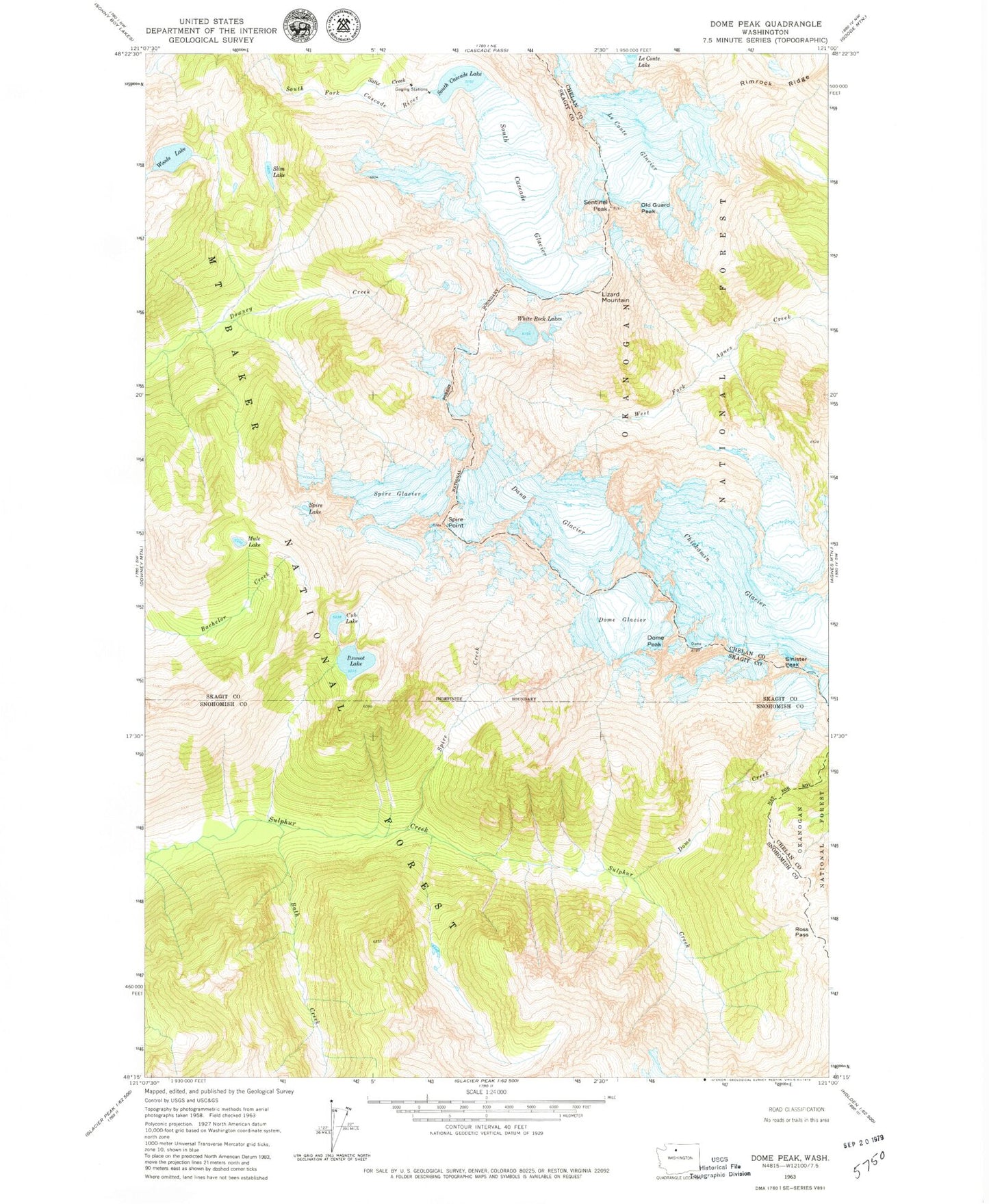 Classic USGS Dome Peak Washington 7.5'x7.5' Topo Map Image
