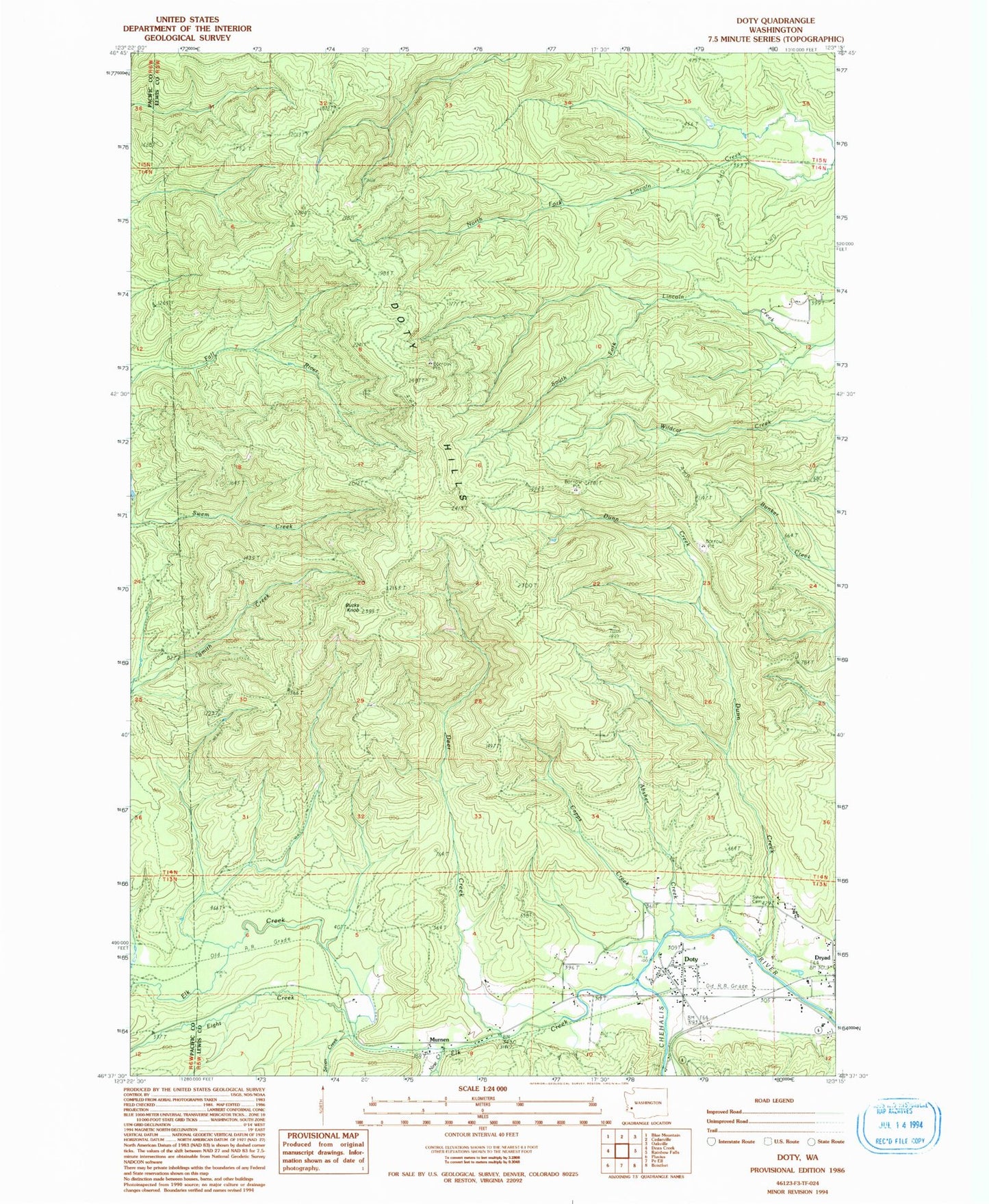 Classic USGS Doty Washington 7.5'x7.5' Topo Map Image
