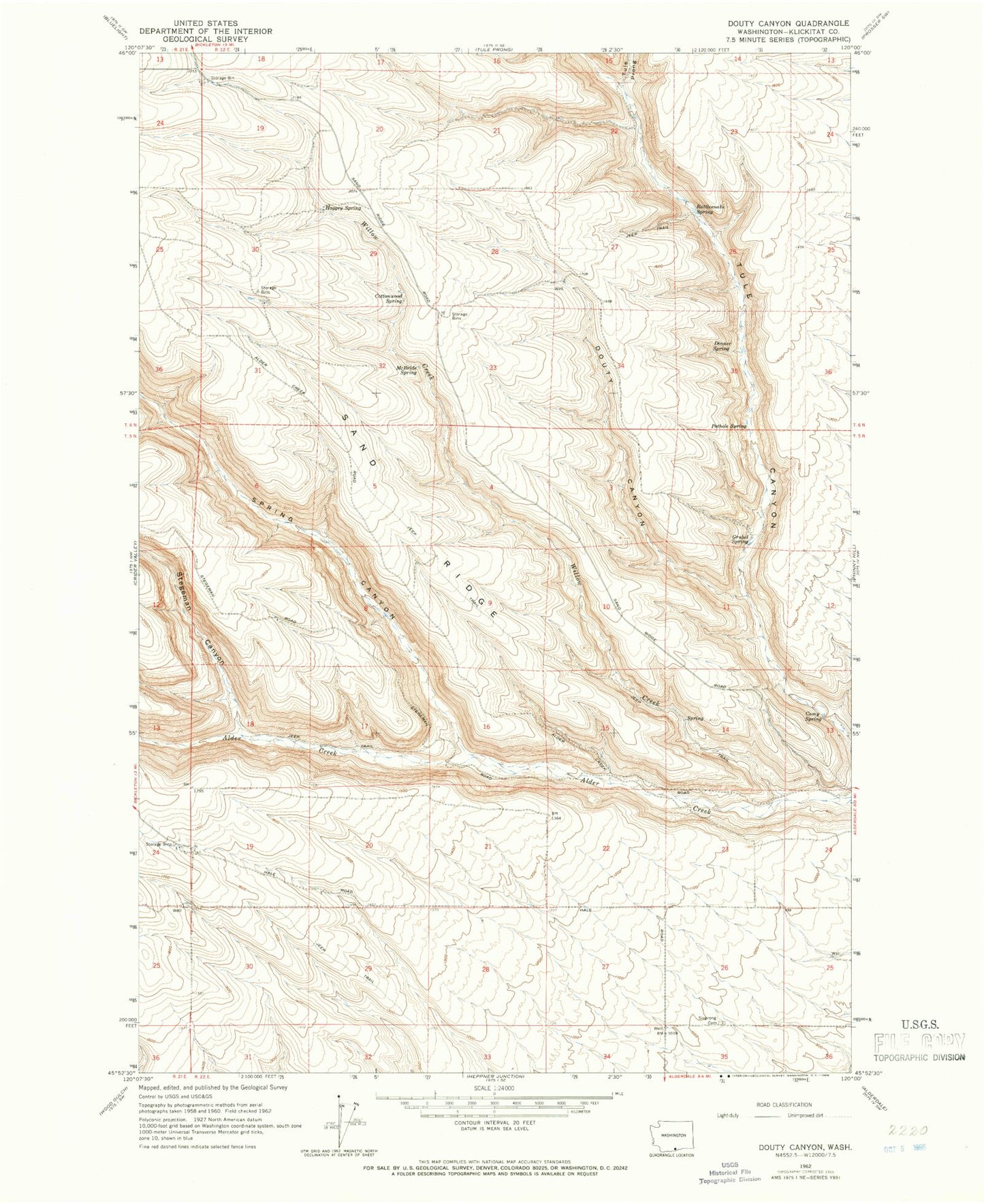 Classic USGS Douty Canyon Washington 7.5'x7.5' Topo Map Image