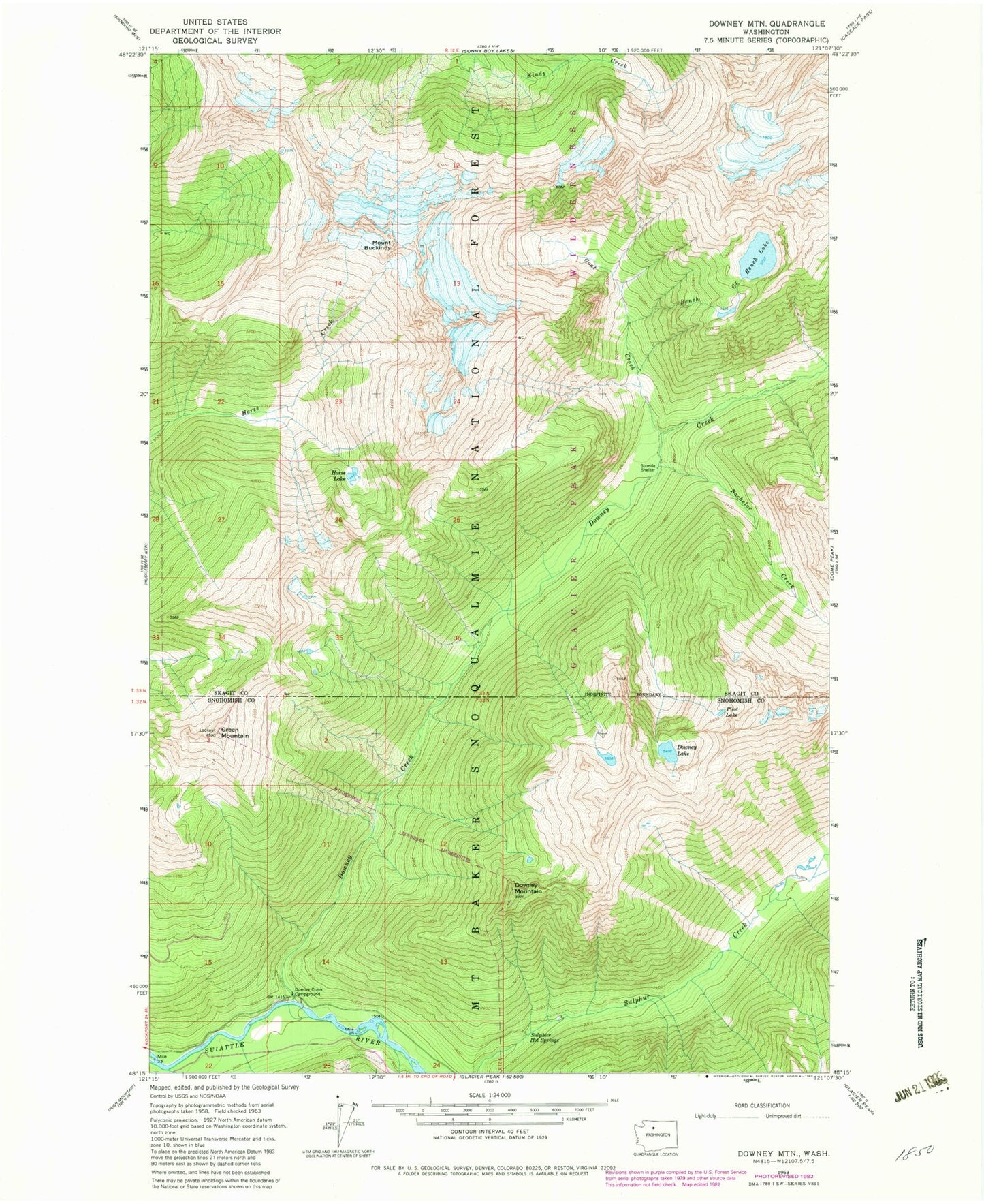 Classic USGS Downey Mountain Washington 7.5'x7.5' Topo Map Image