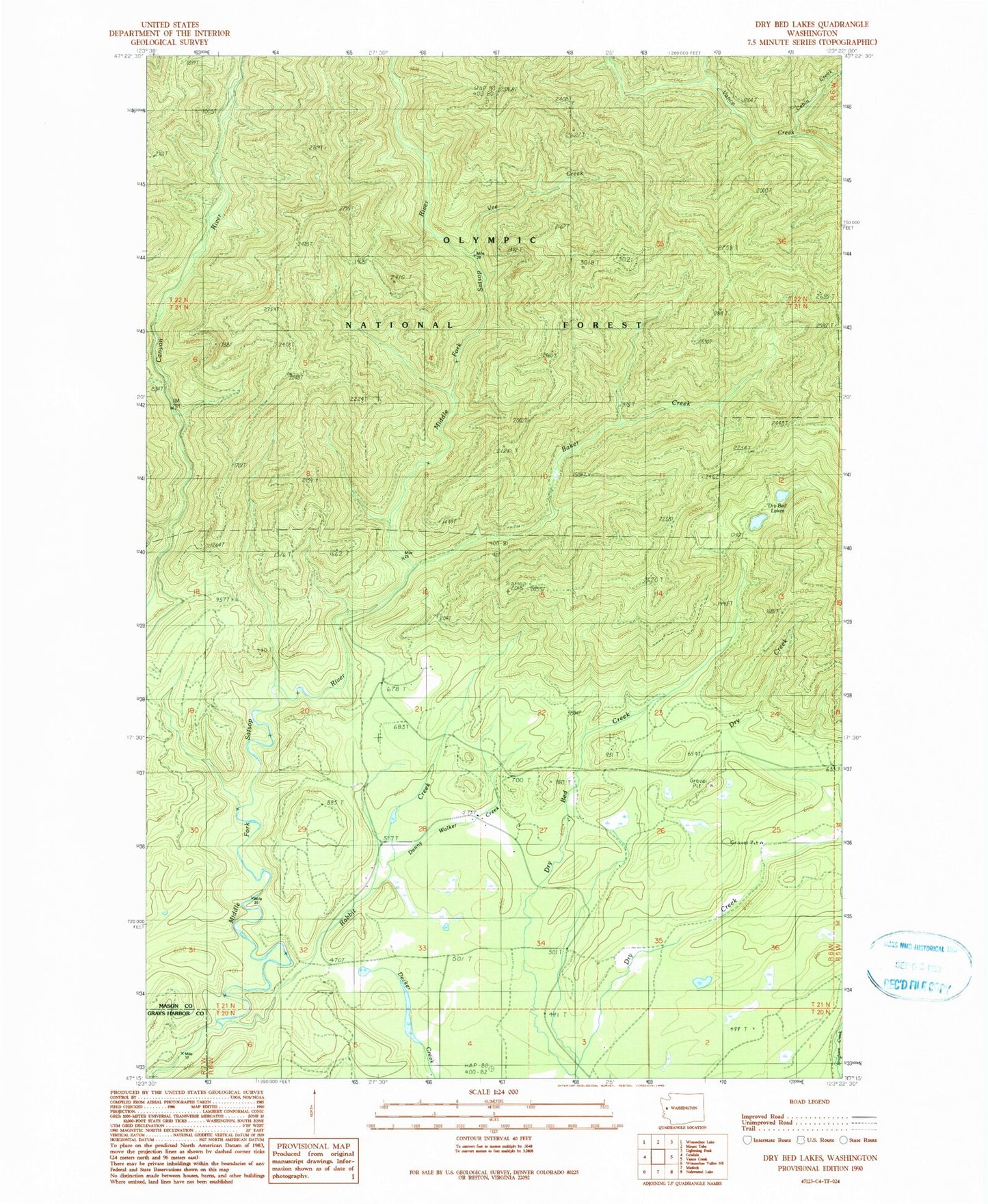 Classic USGS Dry Bed Lakes Washington 7.5'x7.5' Topo Map Image