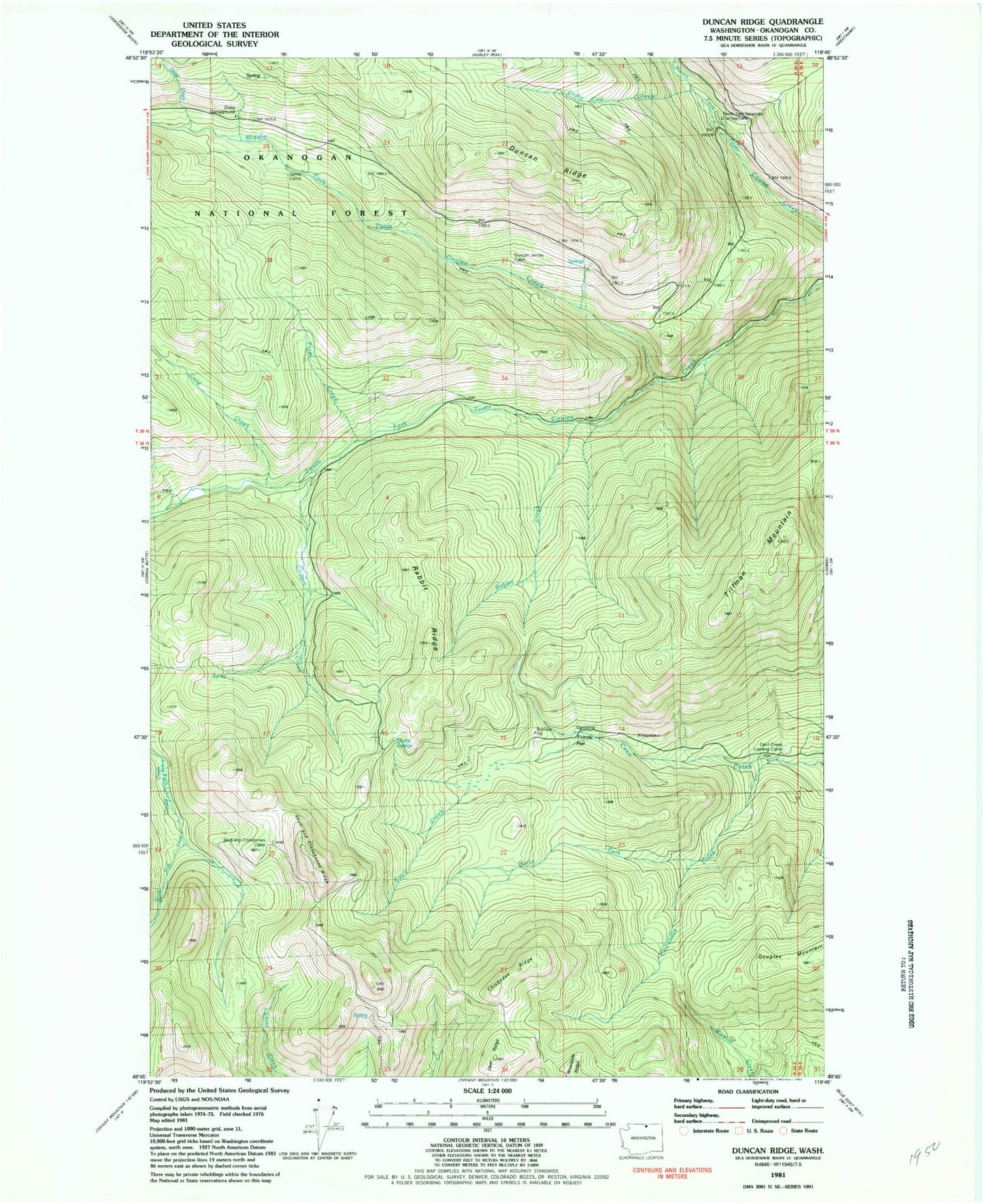 Classic USGS Duncan Ridge Washington 7.5'x7.5' Topo Map Image
