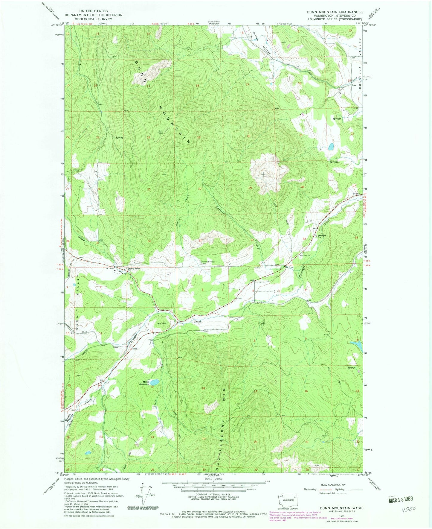 Classic USGS Dunn Mountain Washington 7.5'x7.5' Topo Map Image