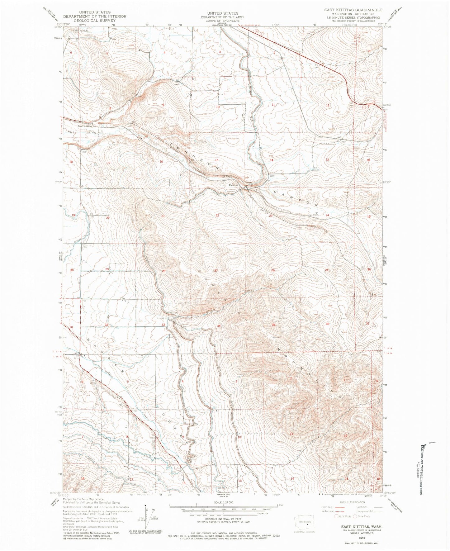 Classic USGS East Kittitas Washington 7.5'x7.5' Topo Map Image