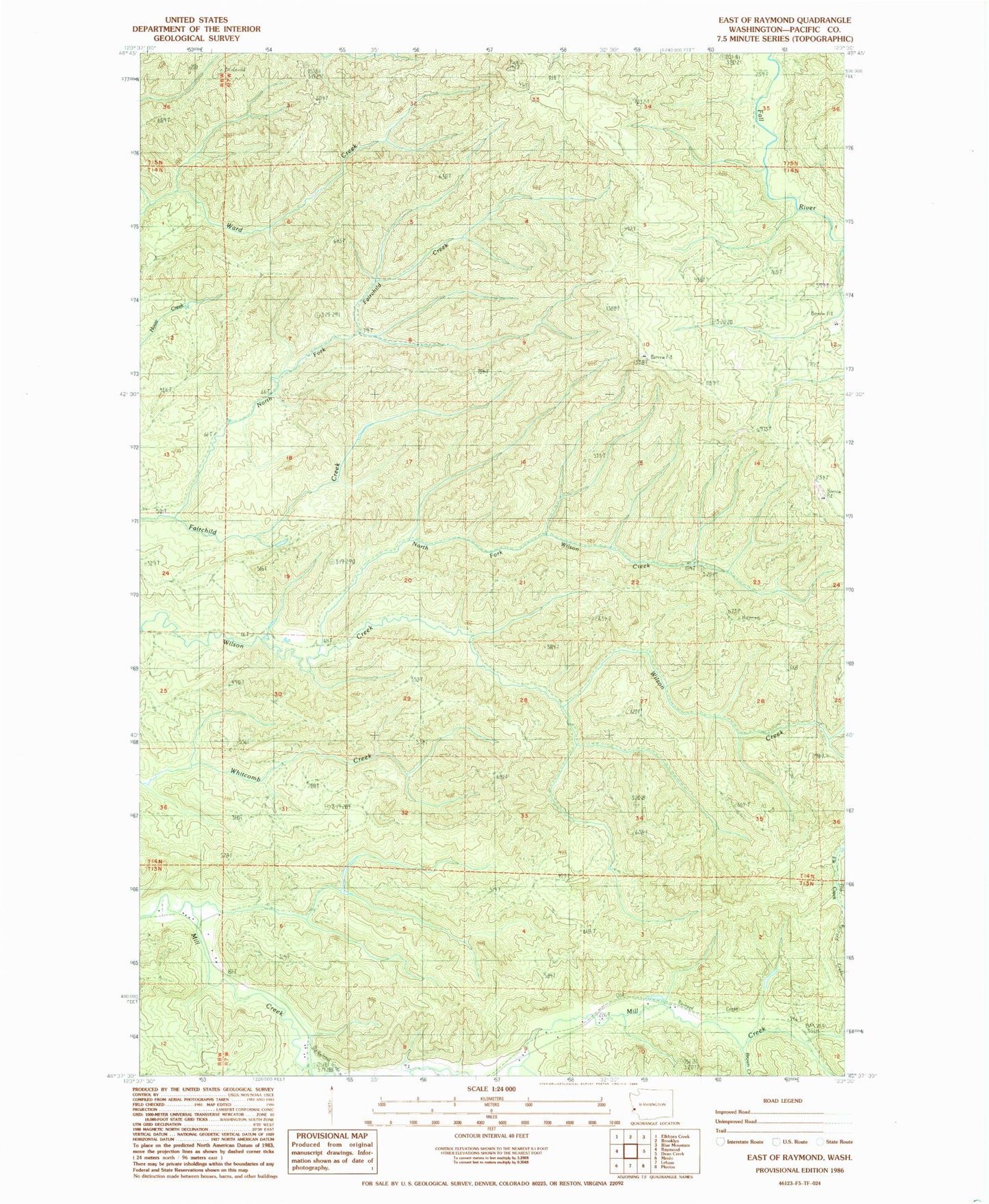 Classic USGS East of Raymond Washington 7.5'x7.5' Topo Map Image