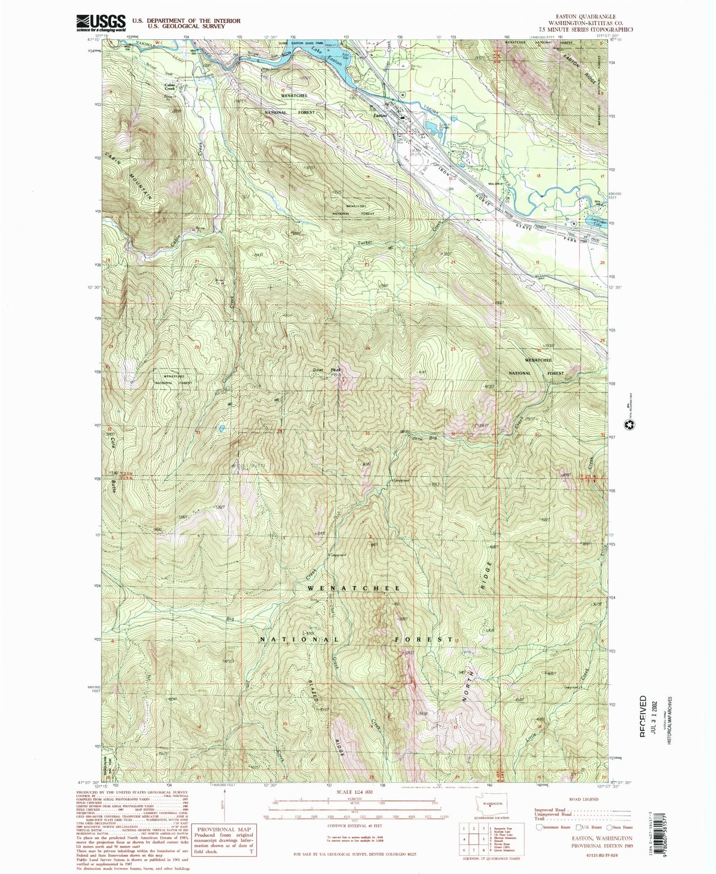 Classic USGS Easton Washington 7.5'x7.5' Topo Map Image