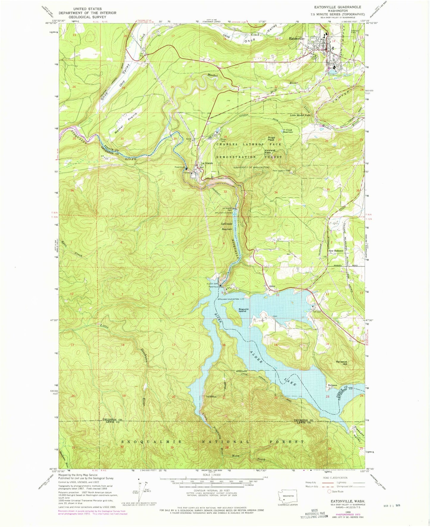 Classic USGS Eatonville Washington 7.5'x7.5' Topo Map Image