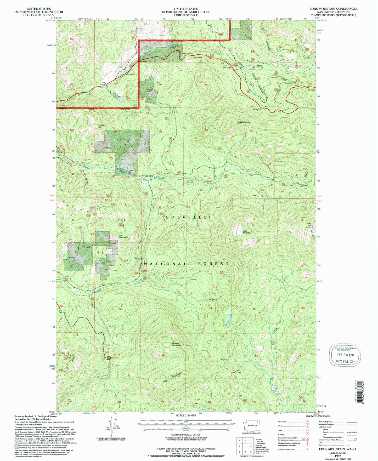Classic USGS Edds Mountain Washington 7.5'x7.5' Topo Map Image