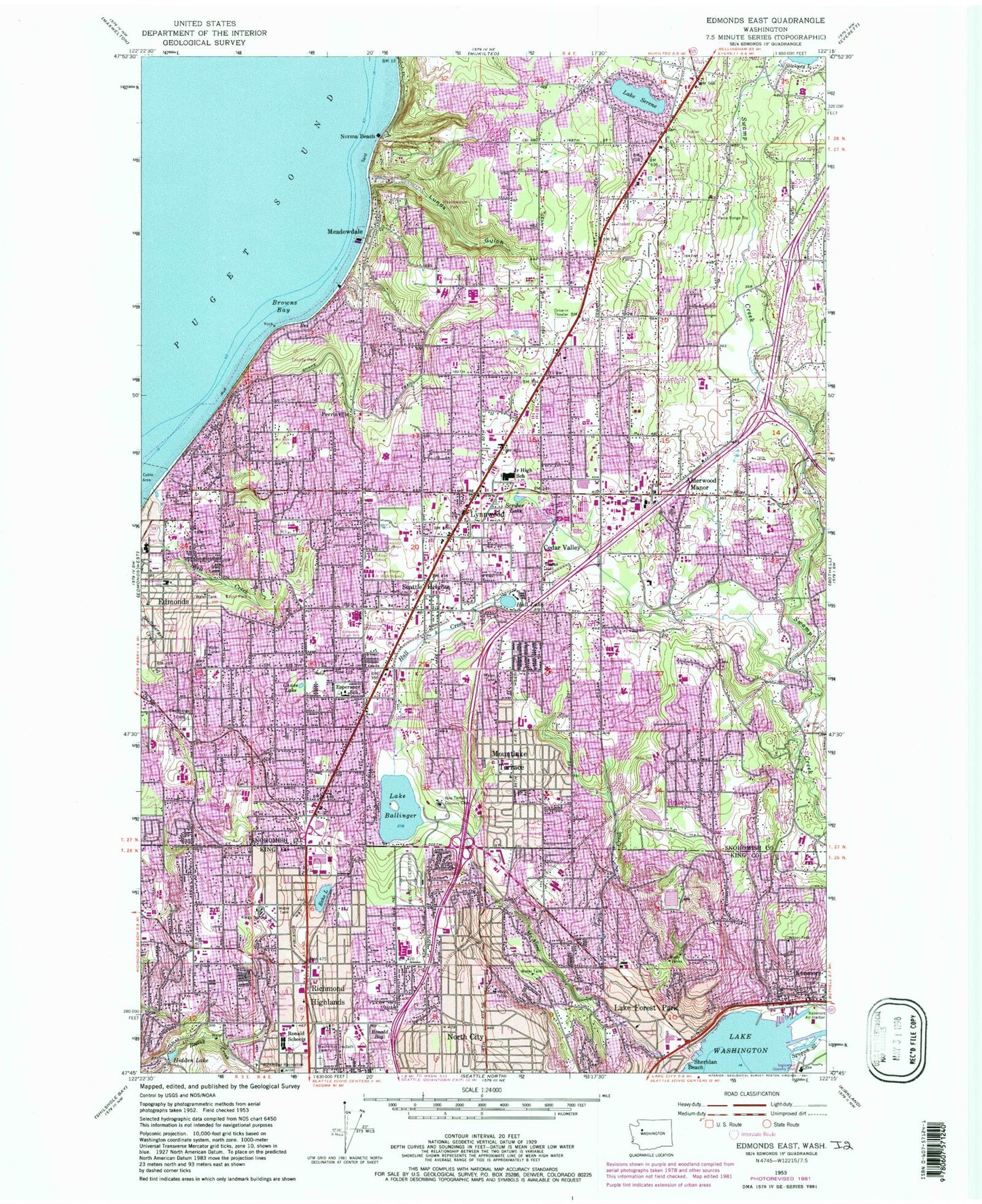 Classic USGS Edmonds East Washington 7.5'x7.5' Topo Map Image