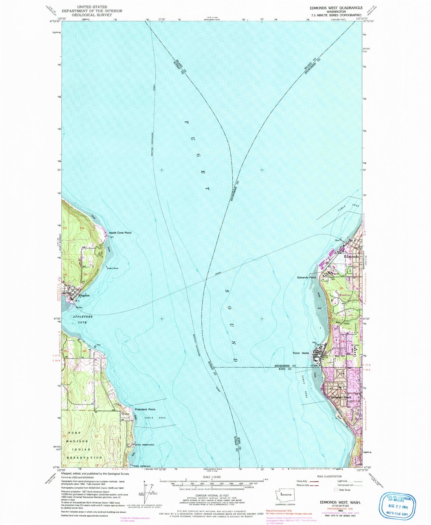 Classic USGS Edmonds West Washington 7.5'x7.5' Topo Map Image