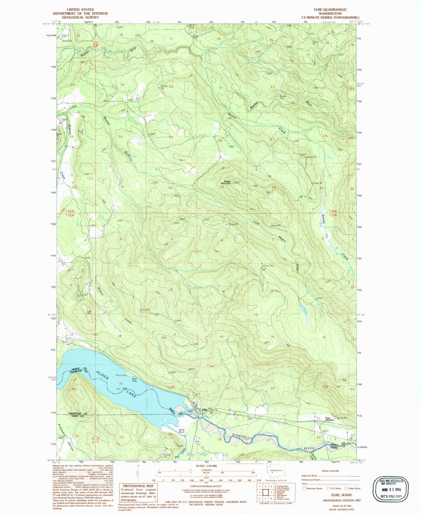 Classic USGS Elbe Washington 7.5'x7.5' Topo Map Image