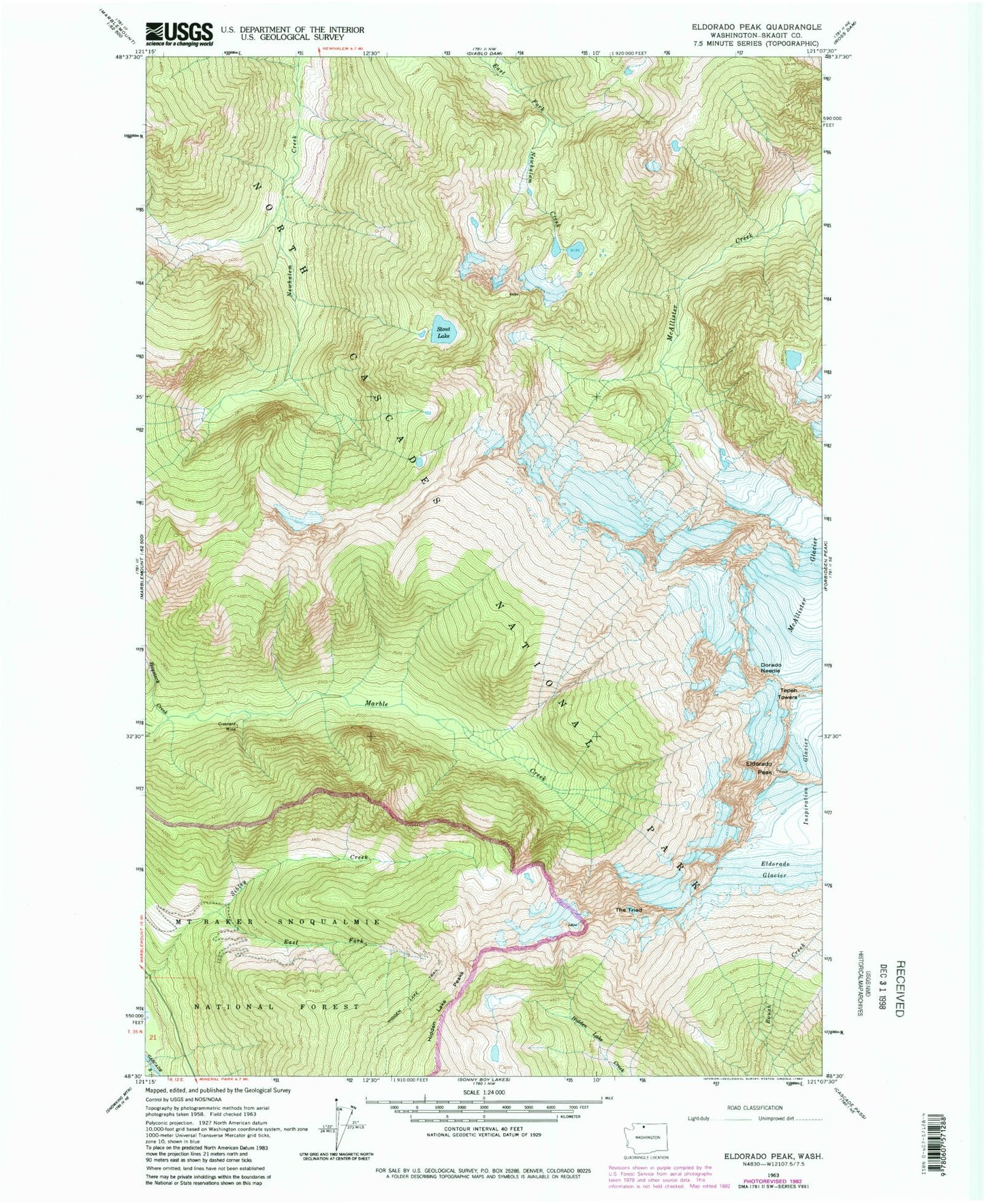Classic USGS Eldorado Peak Washington 7.5'x7.5' Topo Map Image