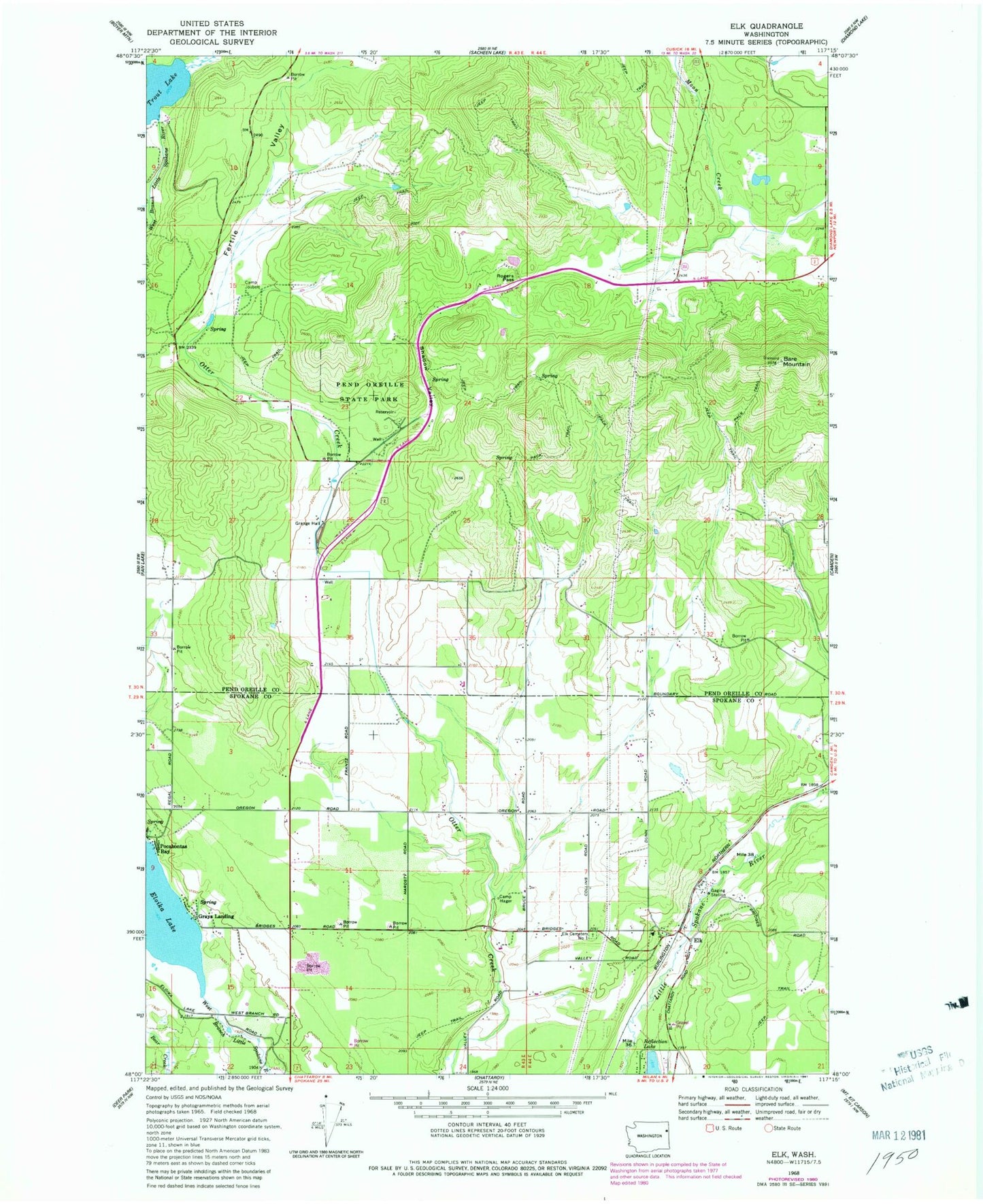 Classic USGS Elk Washington 7.5'x7.5' Topo Map Image