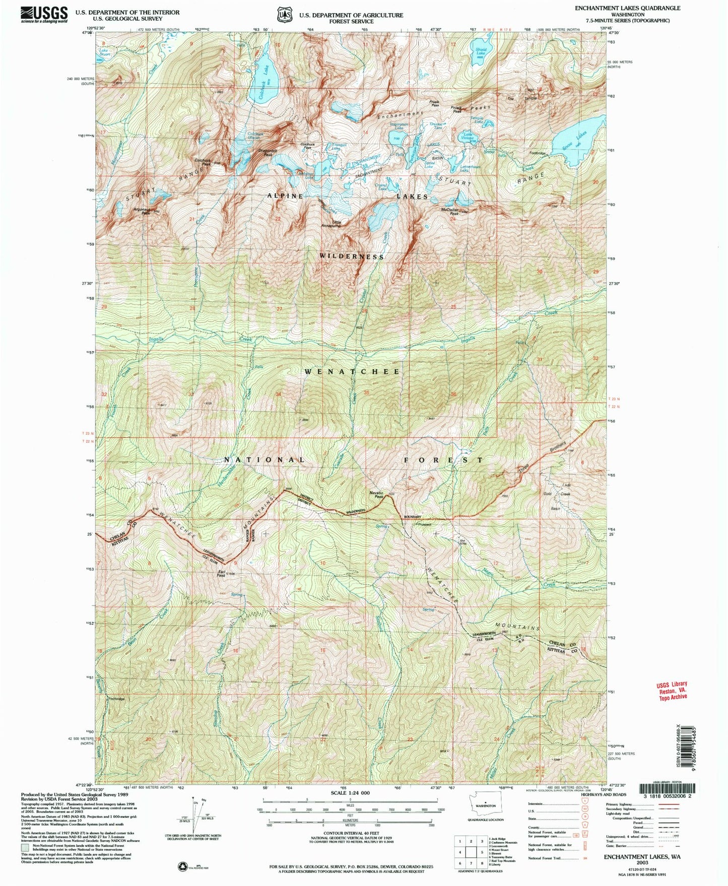 USGS Classic Enchantment Lakes Washington 7.5'x7.5' Topo Map Image