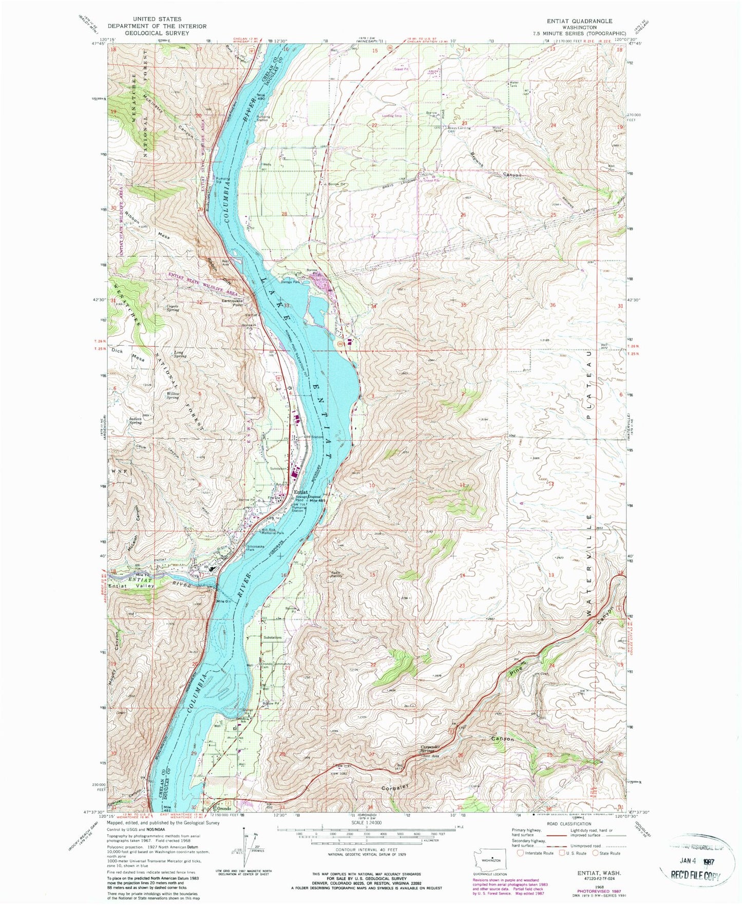 Classic USGS Entiat Washington 7.5'x7.5' Topo Map Image