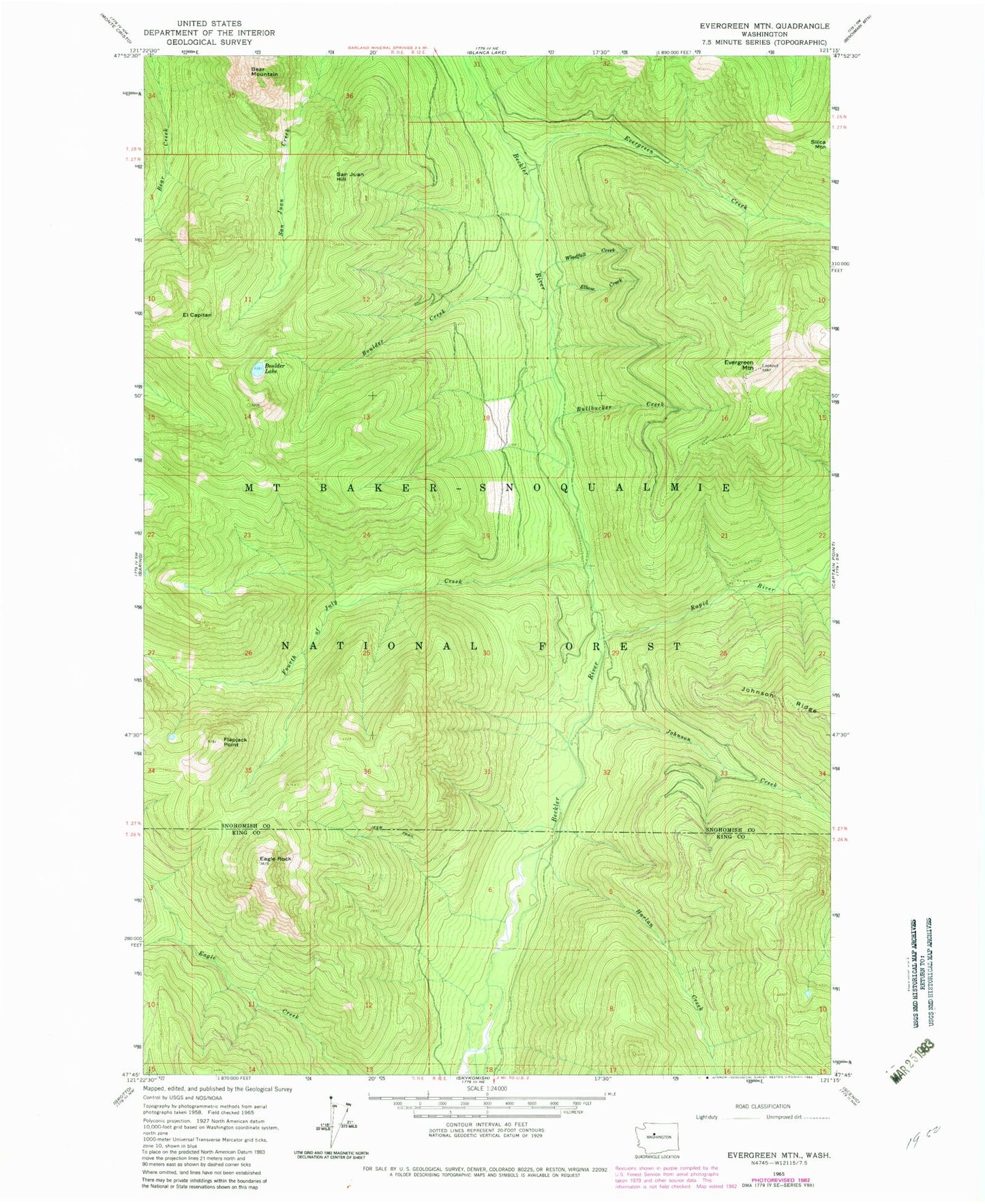Classic USGS Evergreen Mountain Washington 7.5'x7.5' Topo Map Image
