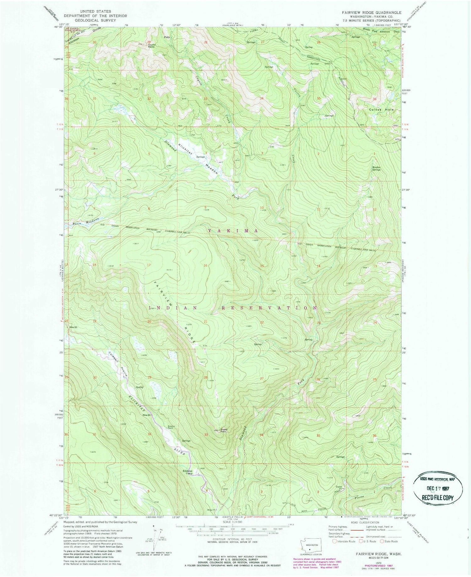 Classic USGS Fairview Ridge Washington 7.5'x7.5' Topo Map Image