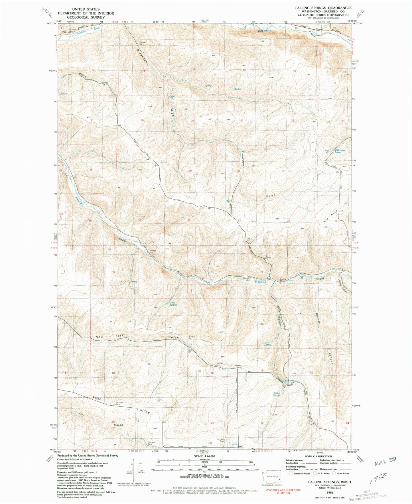 Classic USGS Falling Springs Washington 7.5'x7.5' Topo Map Image