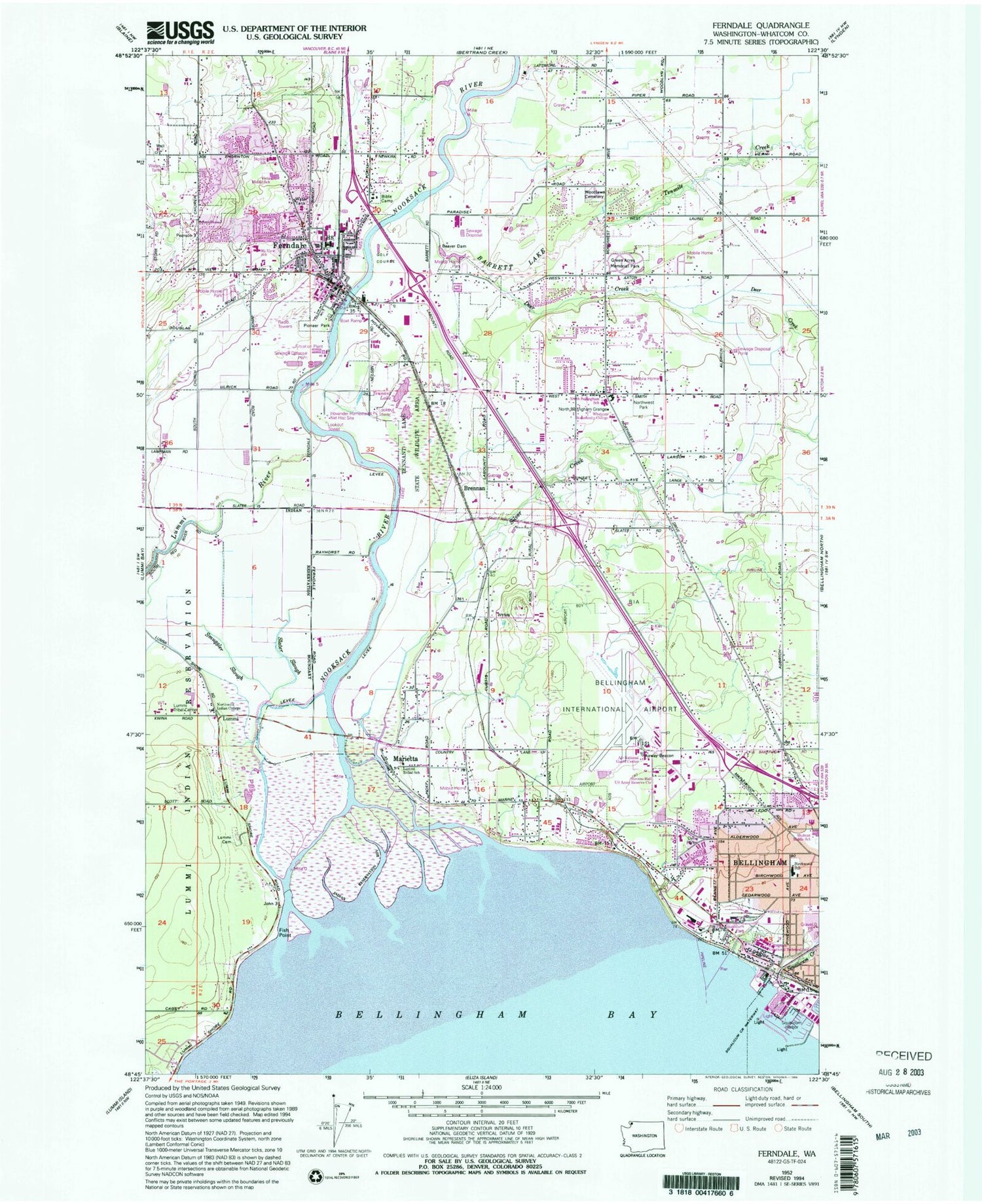 Classic USGS Ferndale Washington 7.5'x7.5' Topo Map Image