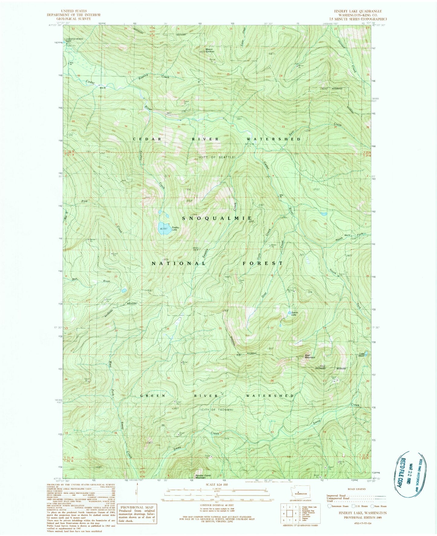 Classic USGS Findley Lake Washington 7.5'x7.5' Topo Map Image