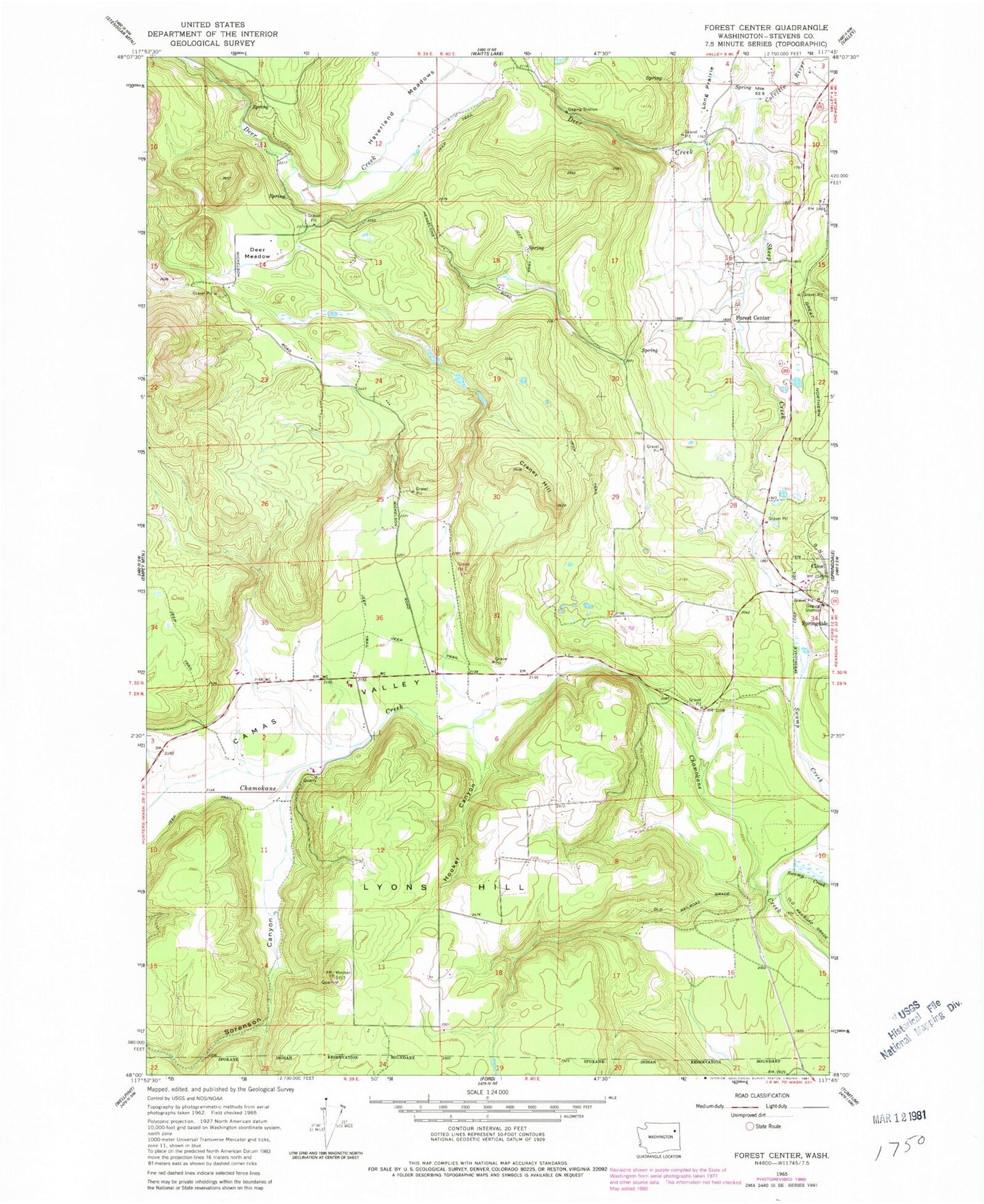 Classic USGS Forest Center Washington 7.5'x7.5' Topo Map Image