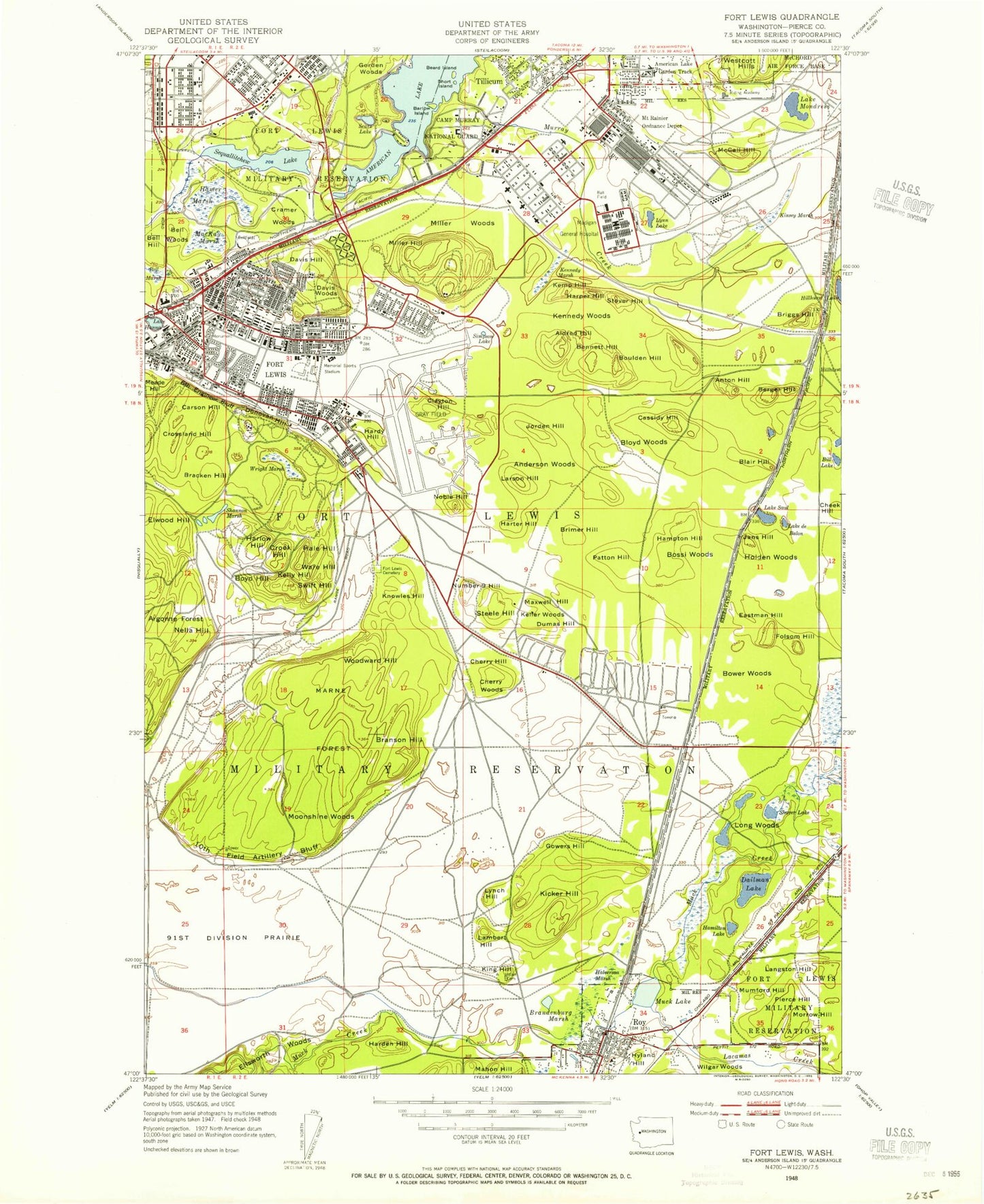 Classic USGS Fort Lewis Washington 7.5'x7.5' Topo Map Image