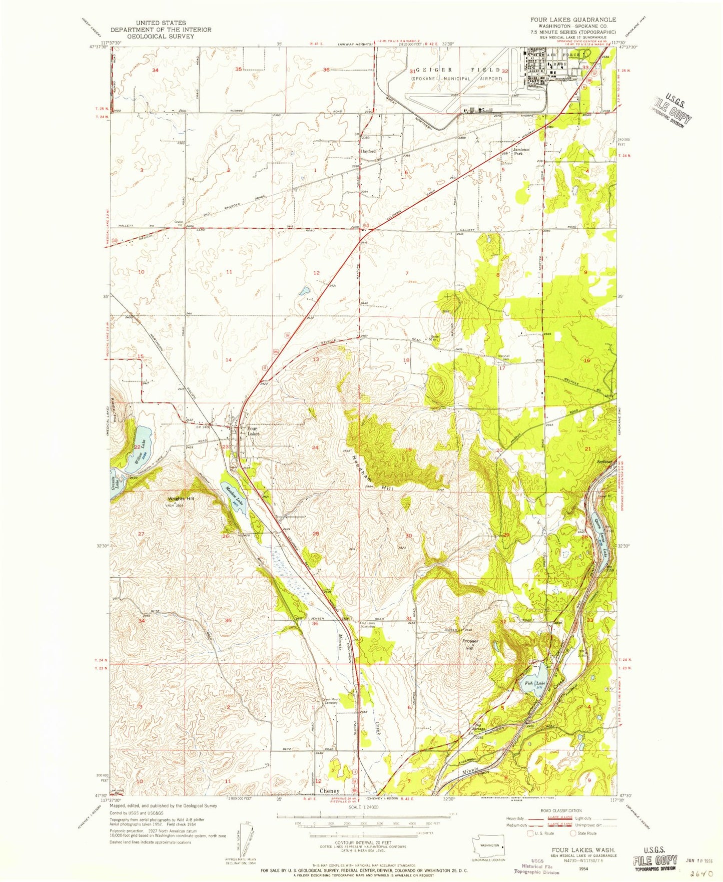 Classic USGS Four Lakes Washington 7.5'x7.5' Topo Map Image
