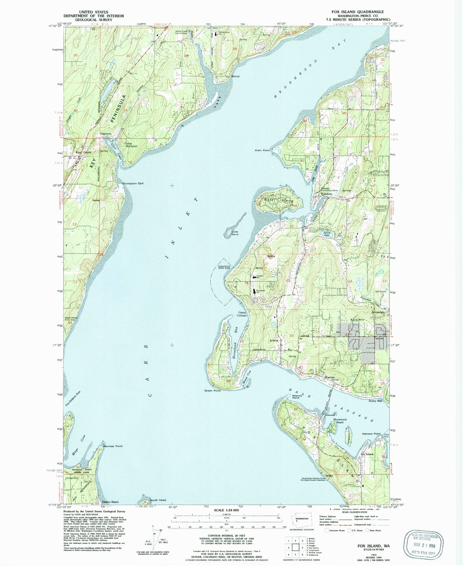 Classic USGS Fox Island Washington 7.5'x7.5' Topo Map Image
