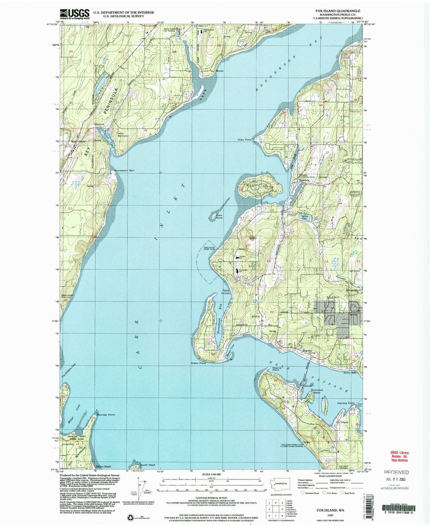 Classic USGS Fox Island Washington 7.5'x7.5' Topo Map Image