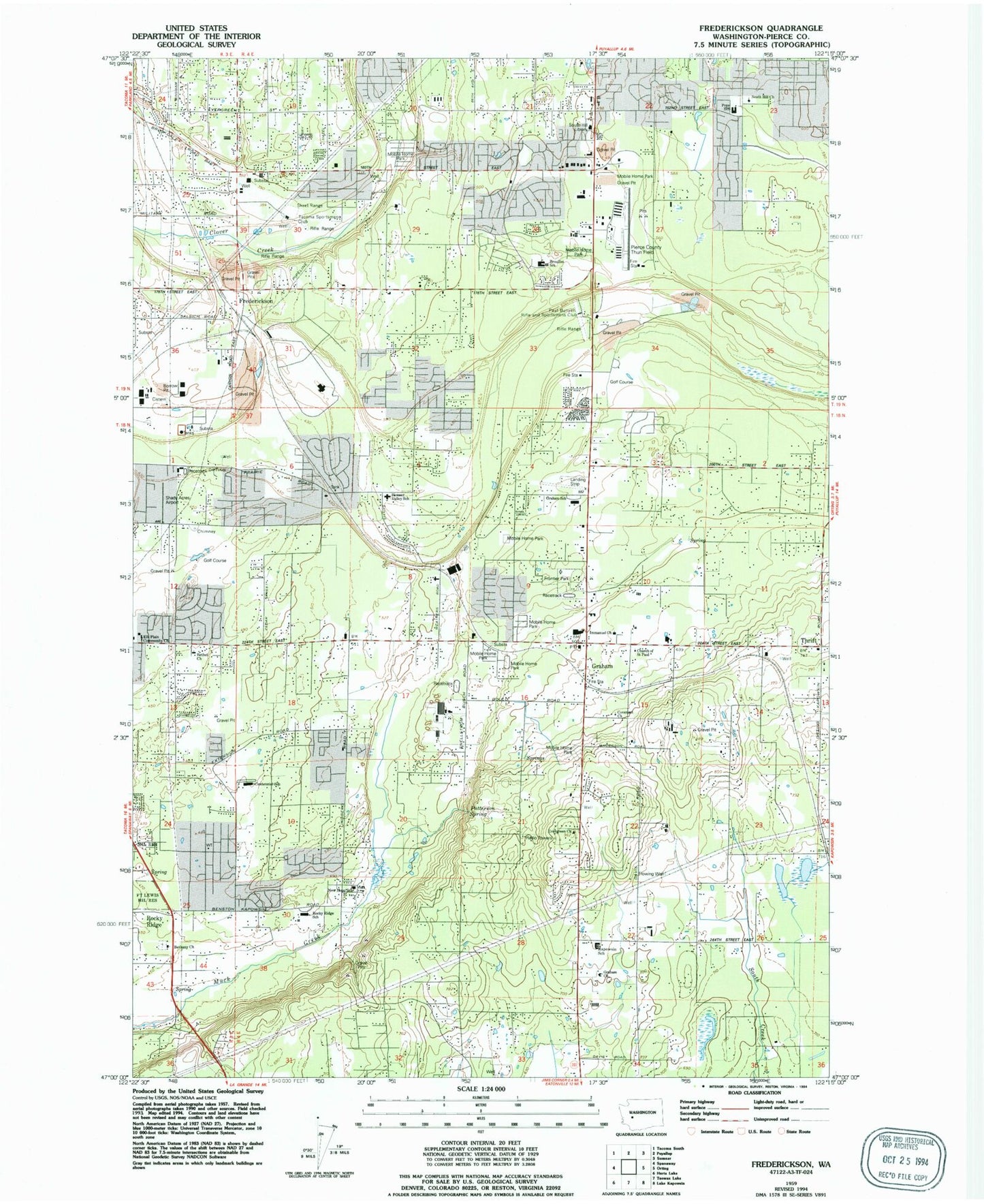 Classic USGS Frederickson Washington 7.5'x7.5' Topo Map Image