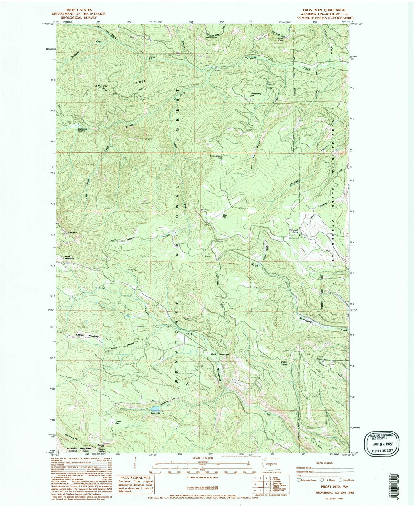 Classic USGS Frost Mountain Washington 7.5'x7.5' Topo Map Image