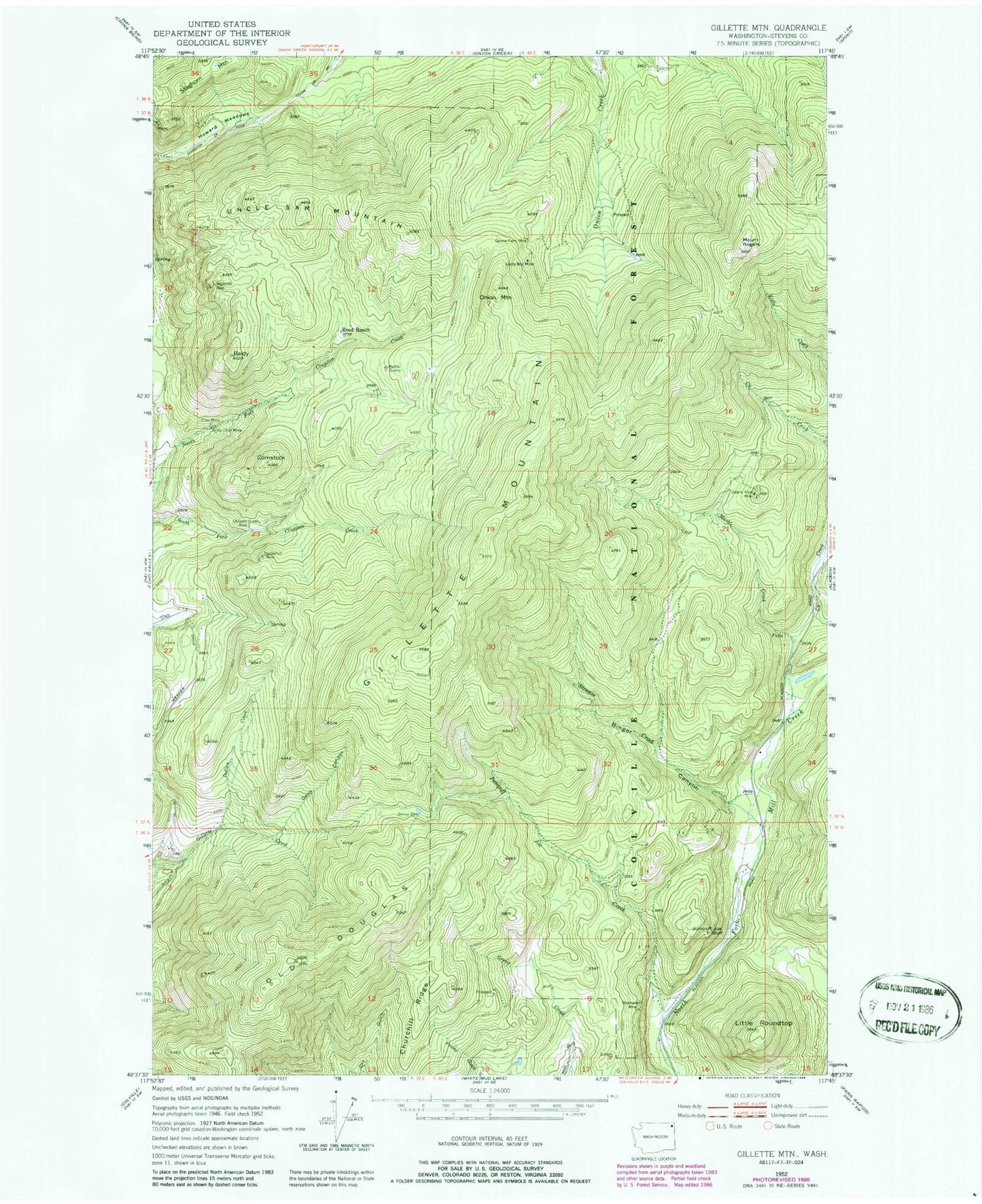 Classic USGS Gillette Mountain Washington 7.5'x7.5' Topo Map Image