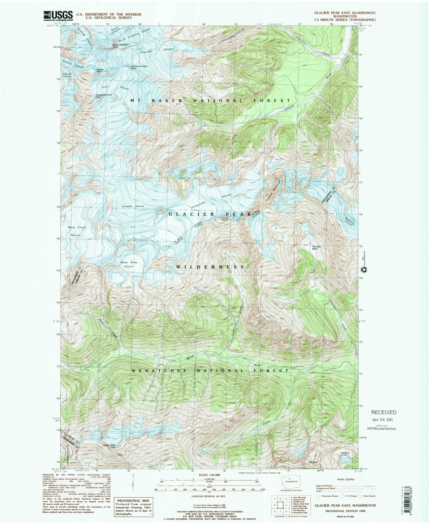 Classic USGS Glacier Peak East Washington 7.5'x7.5' Topo Map Image