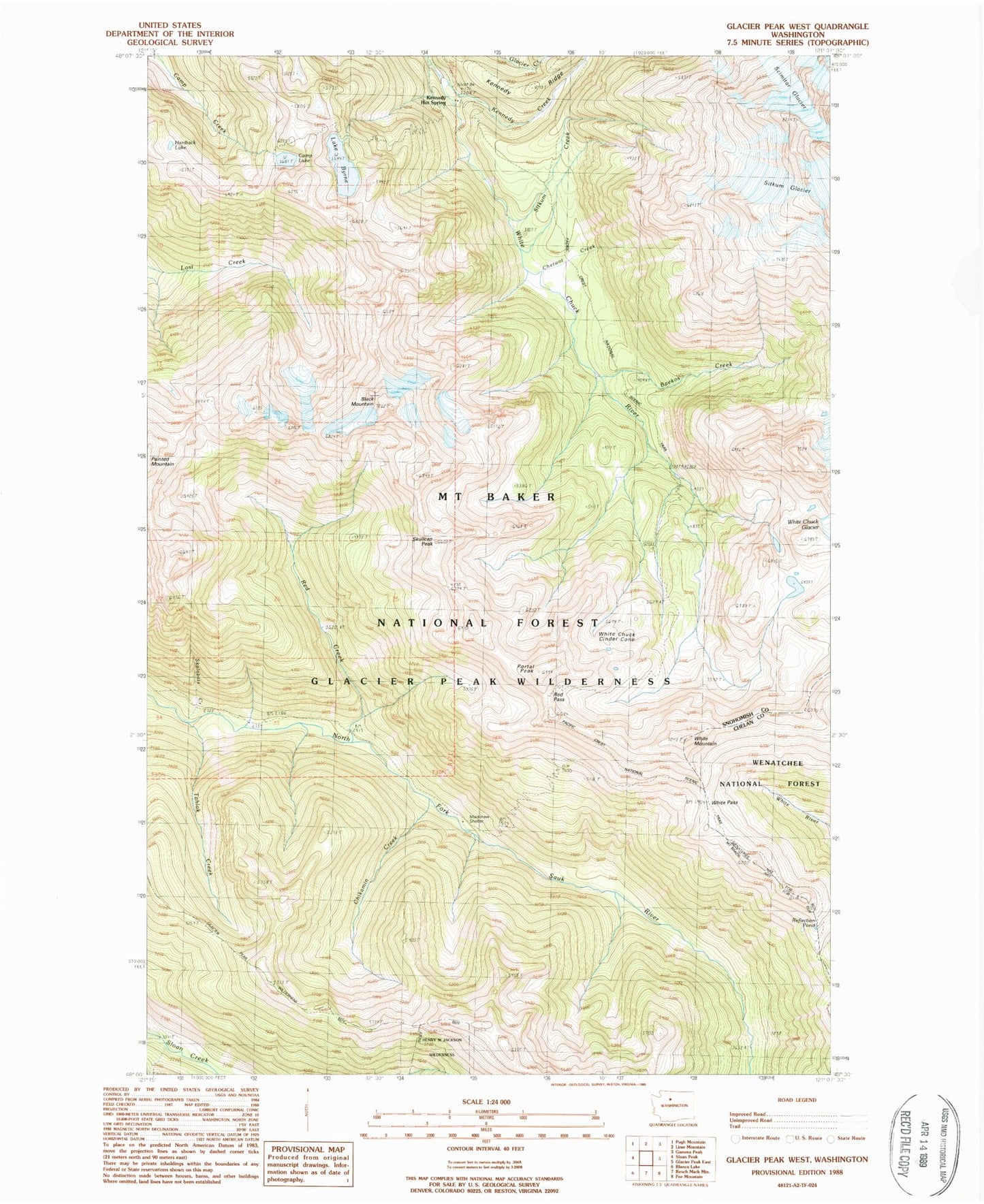 Classic USGS Glacier Peak West Washington 7.5'x7.5' Topo Map Image