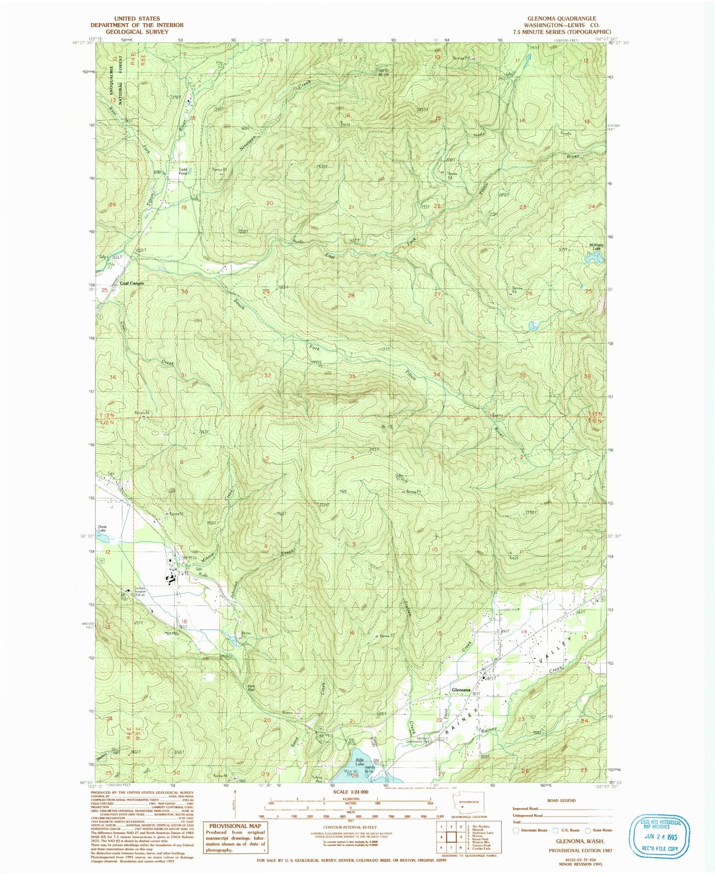 Classic USGS Glenoma Washington 7.5'x7.5' Topo Map Image