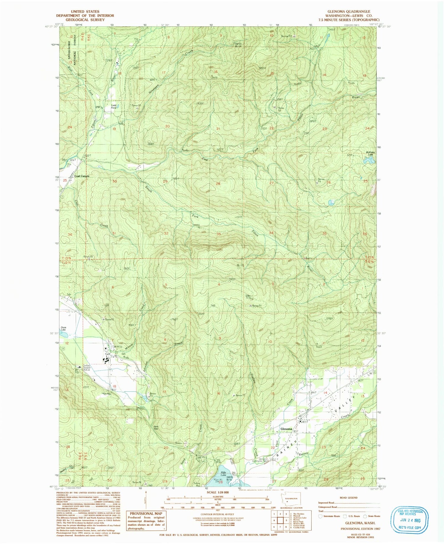 Classic USGS Glenoma Washington 7.5'x7.5' Topo Map Image