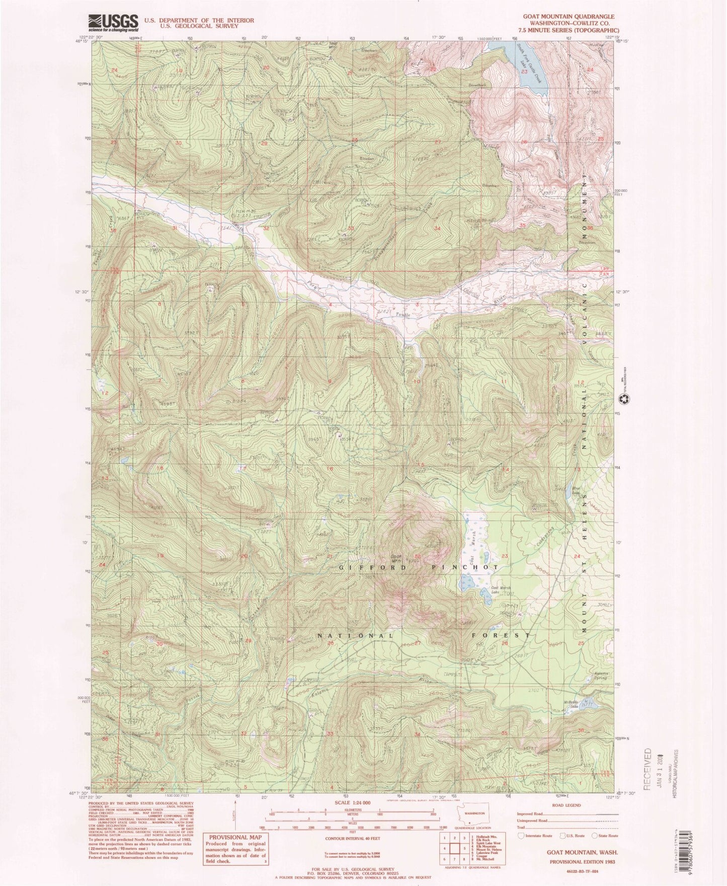 Classic USGS Goat Mountain Washington 7.5'x7.5' Topo Map Image
