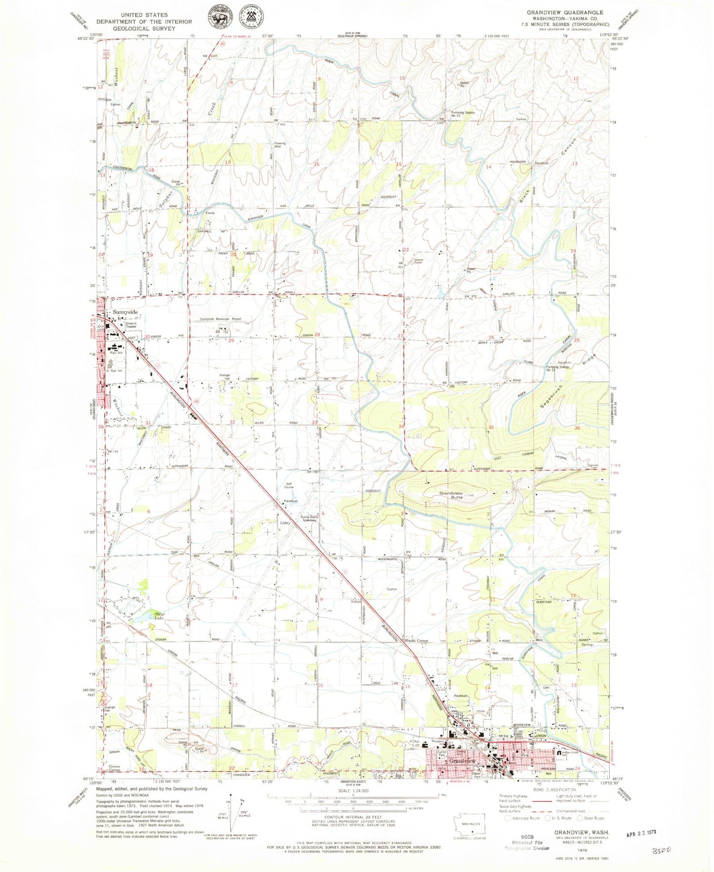 Classic USGS Grandview Washington 7.5'x7.5' Topo Map Image