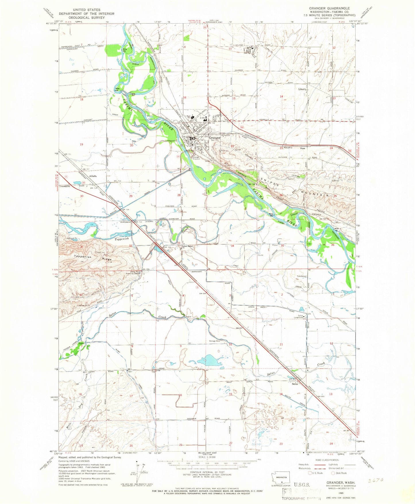 Classic USGS Granger Washington 7.5'x7.5' Topo Map Image