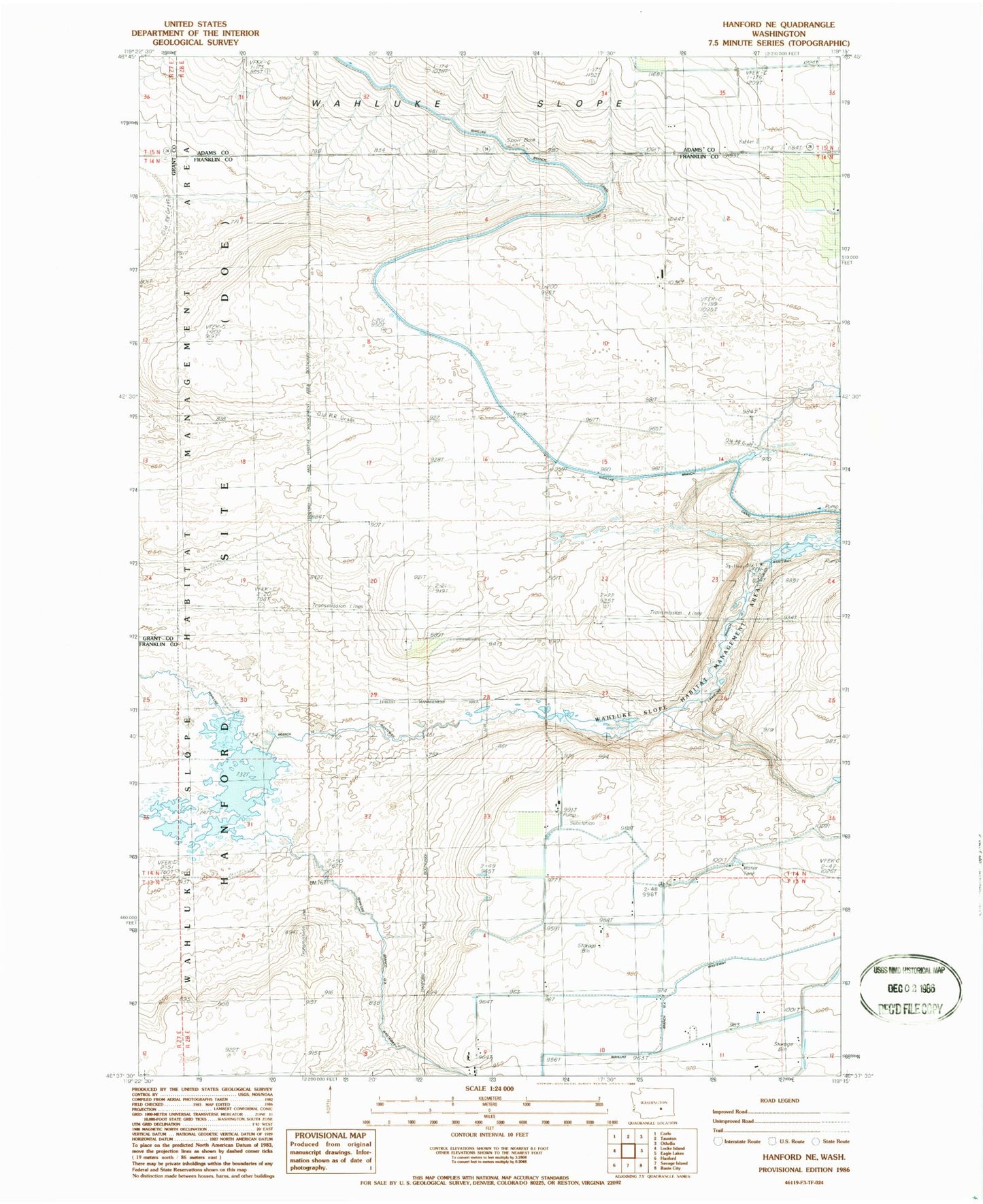 Classic USGS Hanford NE Washington 7.5'x7.5' Topo Map Image
