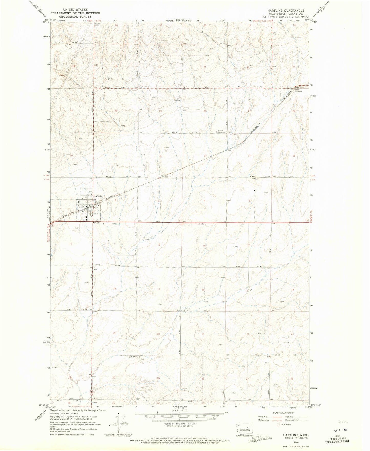 Classic USGS Hartline Washington 7.5'x7.5' Topo Map Image