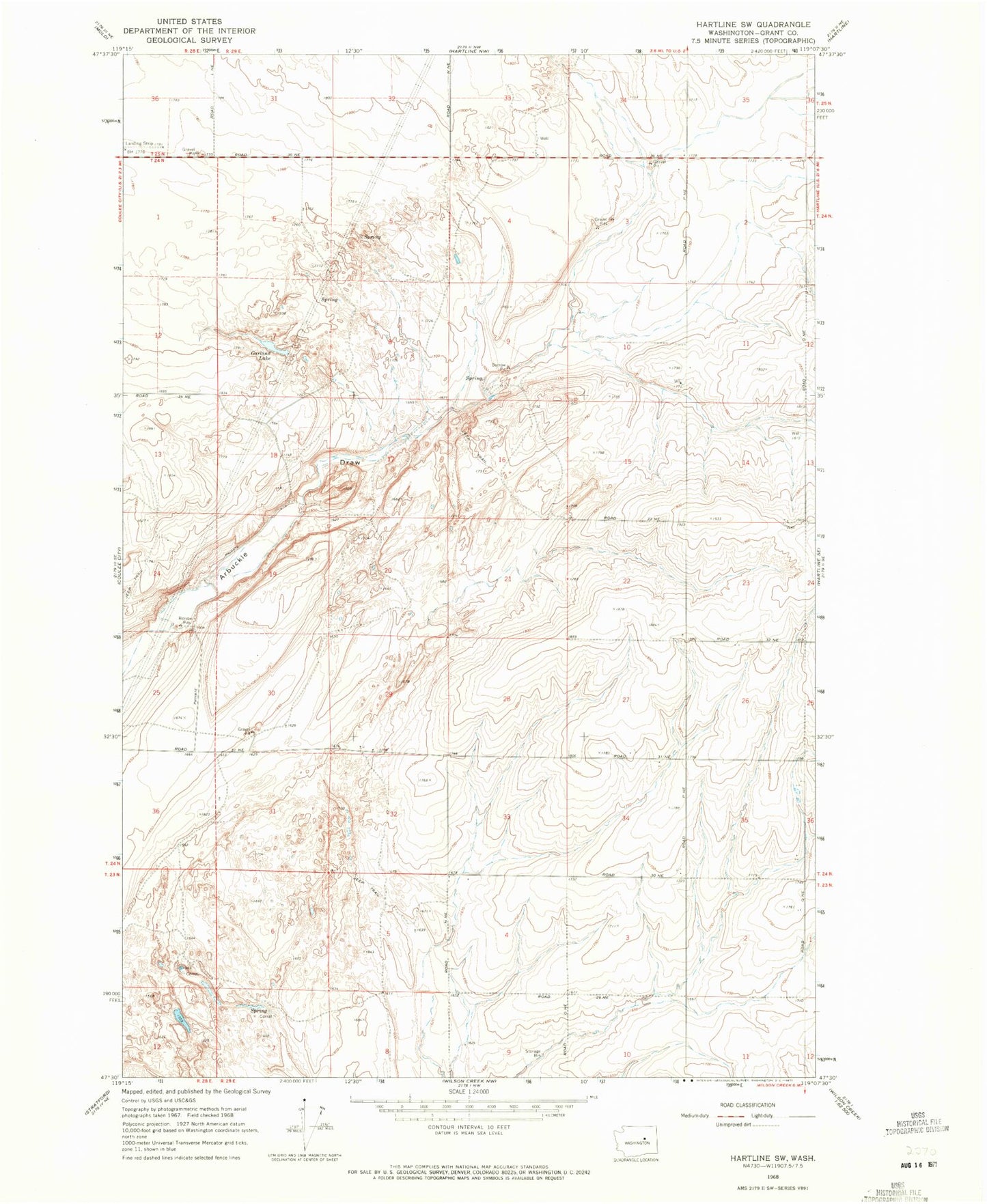 Classic USGS Hartline SW Washington 7.5'x7.5' Topo Map Image
