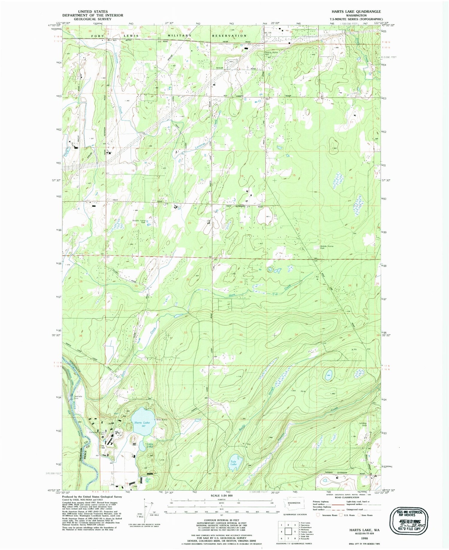 Classic USGS Harts Lake Washington 7.5'x7.5' Topo Map Image