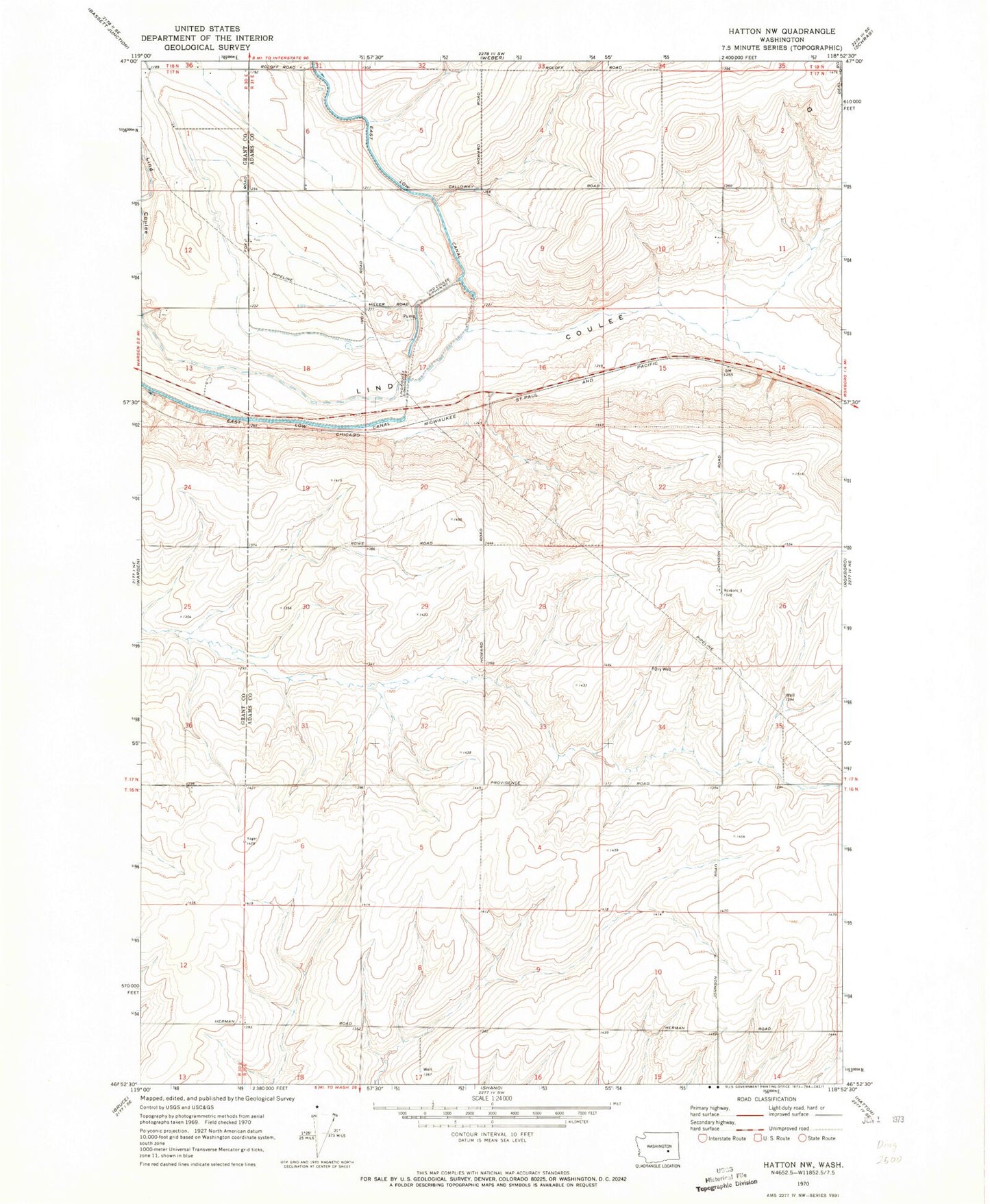 Classic USGS Hatton NW Washington 7.5'x7.5' Topo Map Image