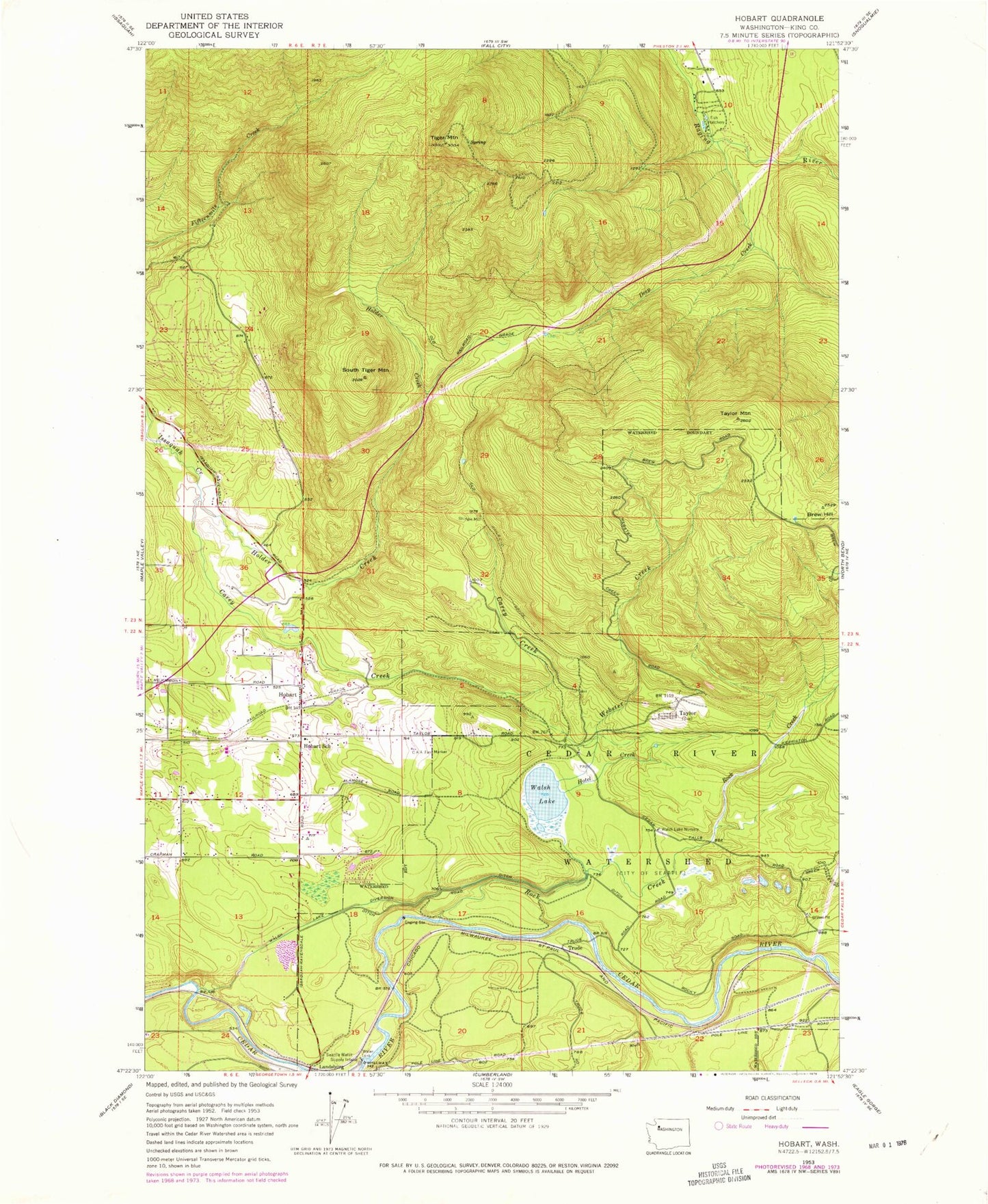 Classic USGS Hobart Washington 7.5'x7.5' Topo Map Image