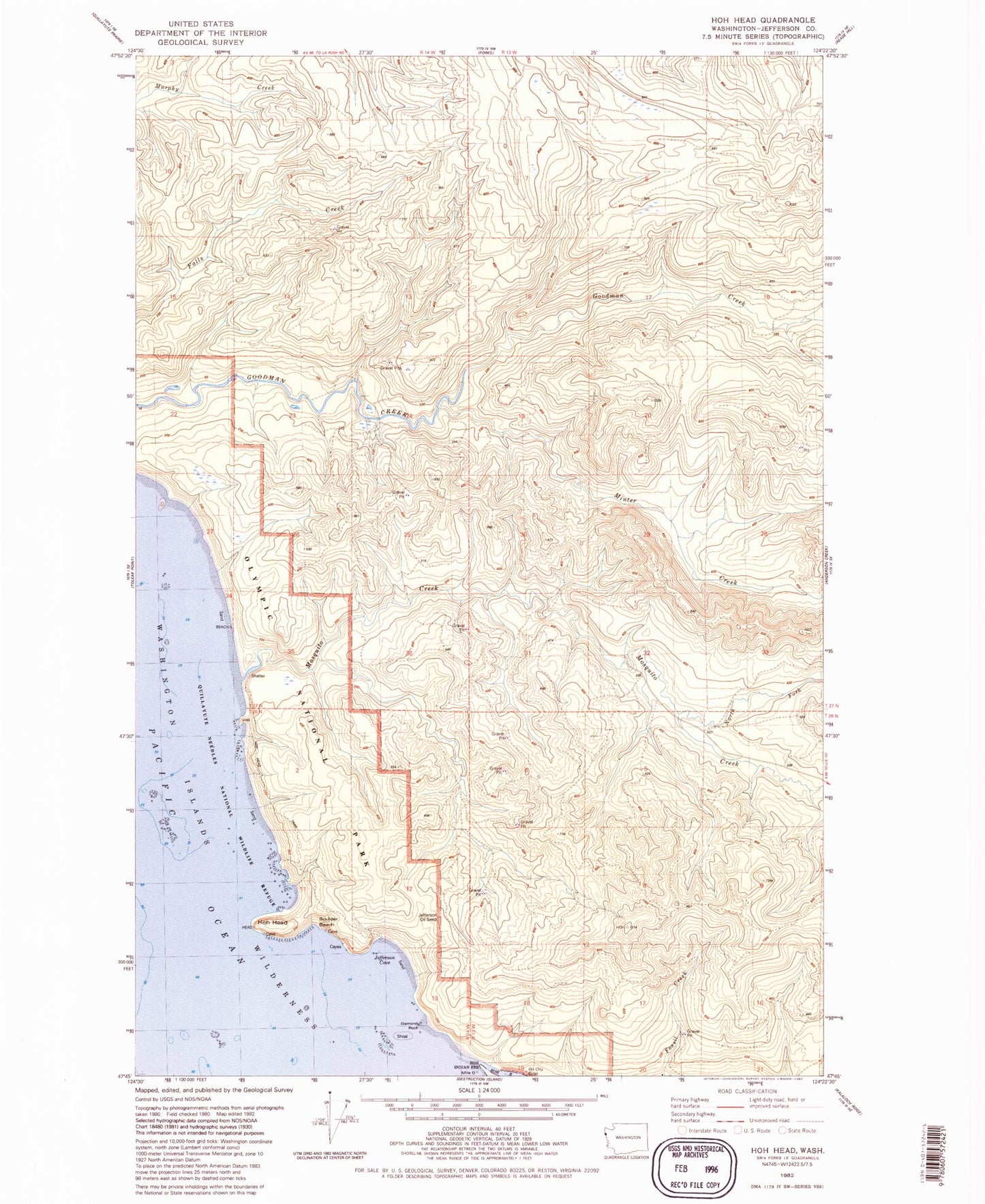 Classic USGS Hoh Head Washington 7.5'x7.5' Topo Map Image