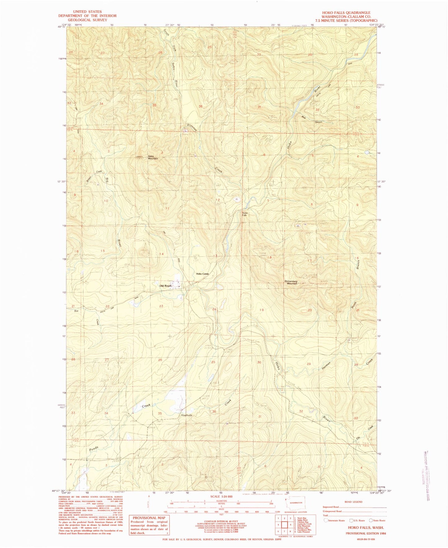 Classic USGS Hoko Falls Washington 7.5'x7.5' Topo Map Image