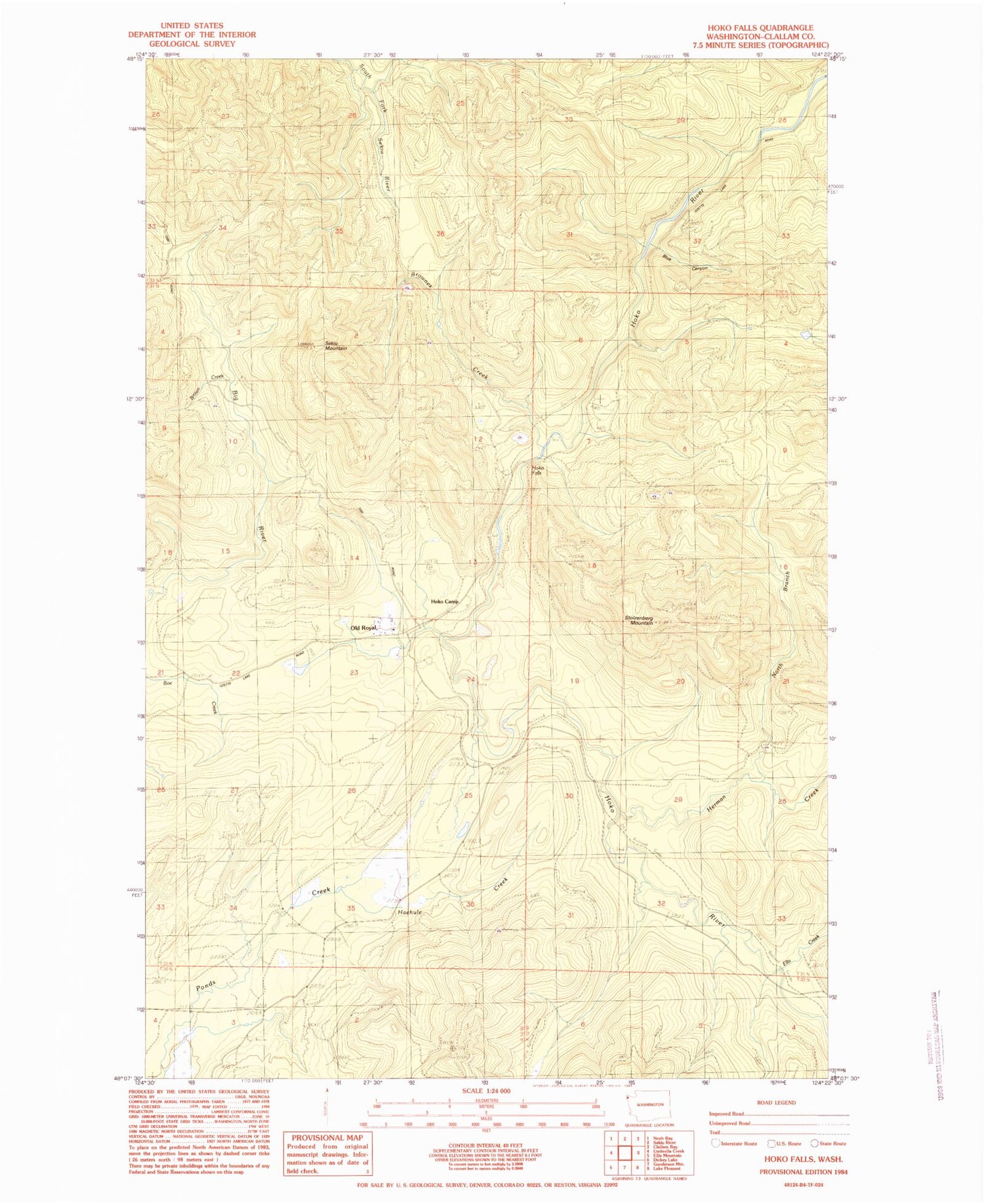 Classic USGS Hoko Falls Washington 7.5'x7.5' Topo Map Image