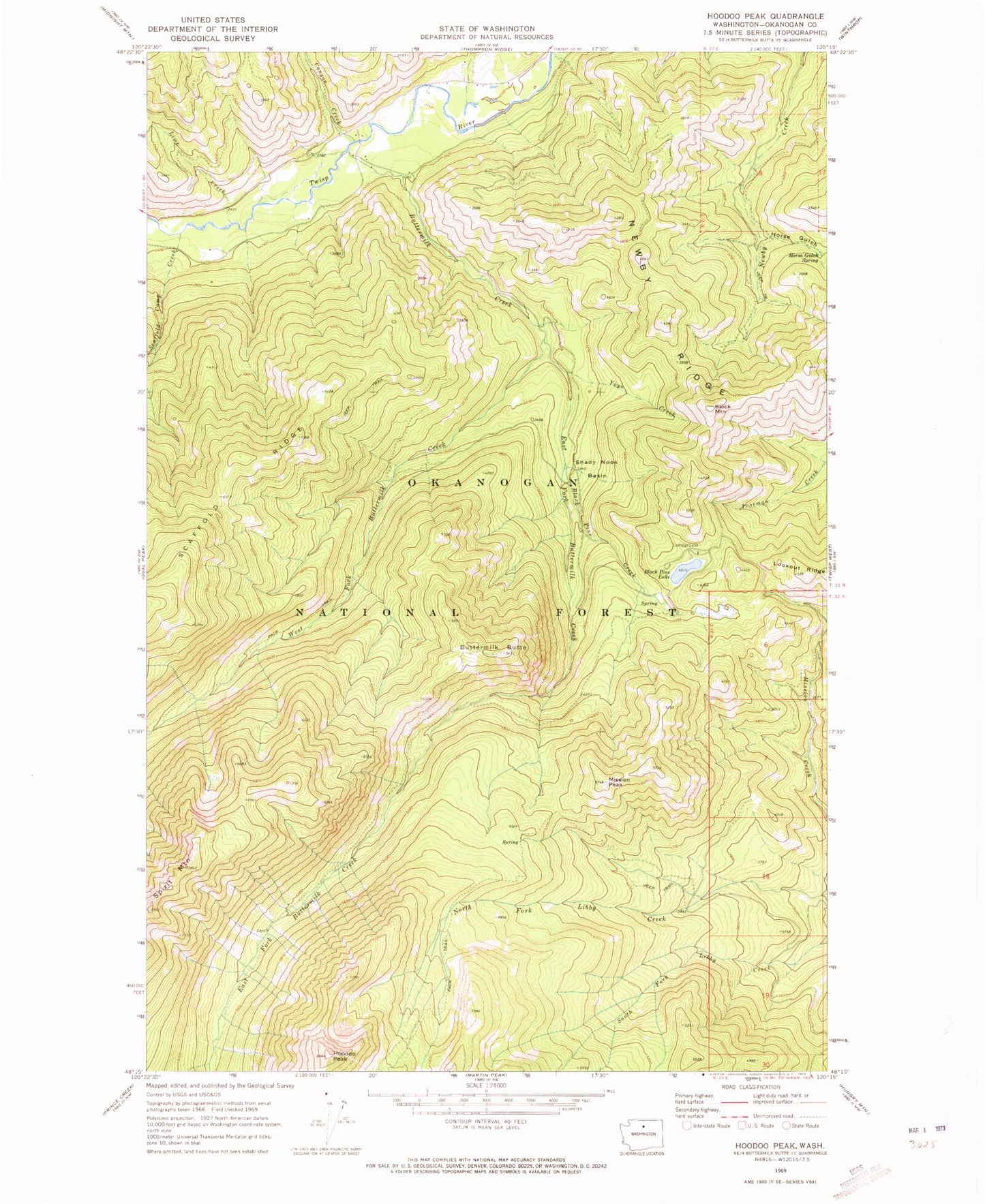 Classic USGS Hoodoo Peak Washington 7.5'x7.5' Topo Map Image